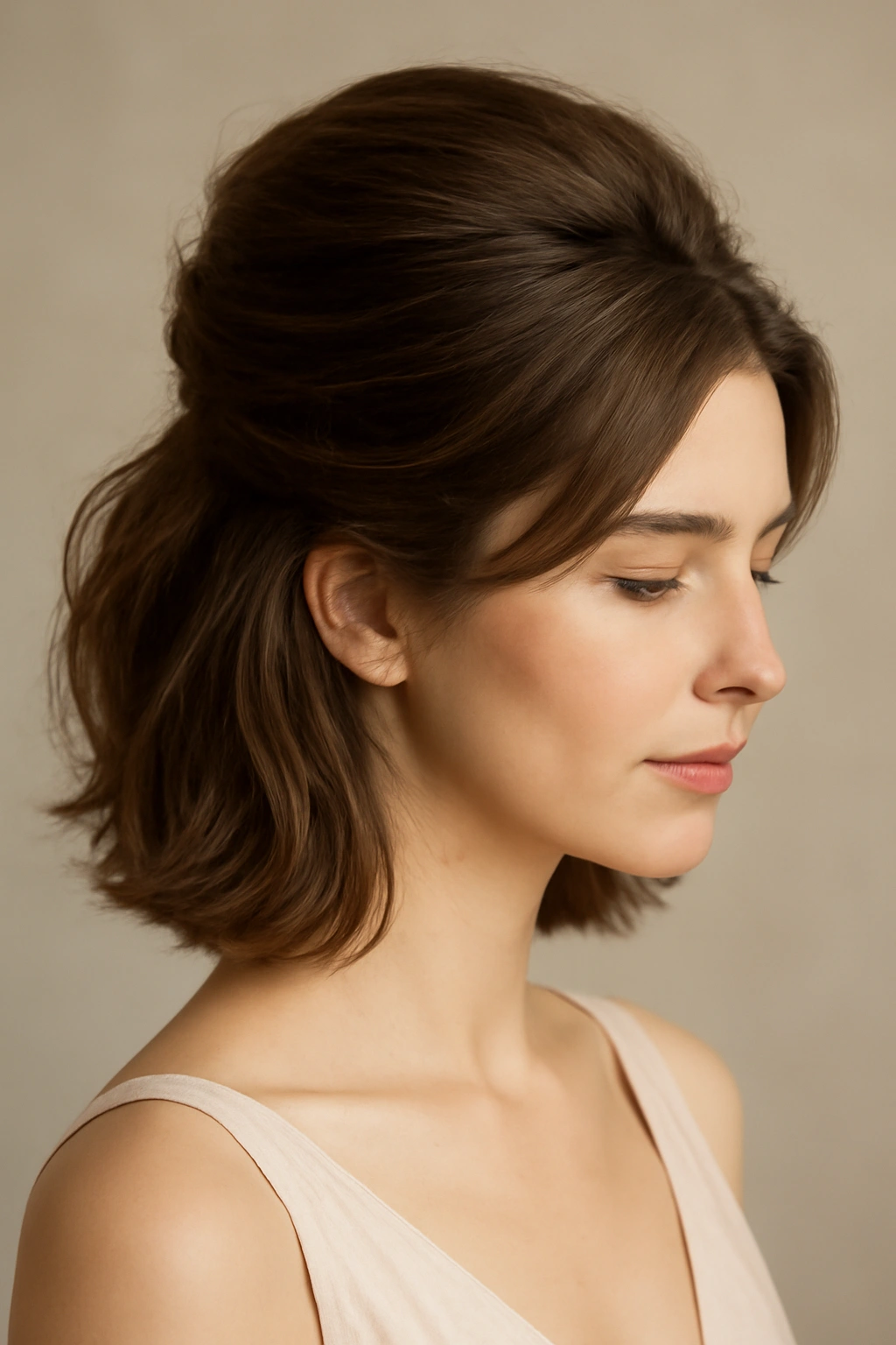 10 Pretty Bridesmaid Hairstyles for Short Hair 4 Voluminous half-up style with high crown and remaining hair down