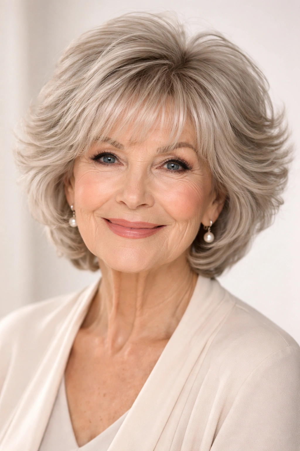 Voluminous layered hairstyle with bangs on an older woman