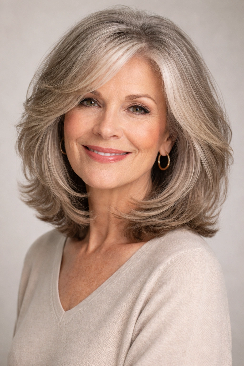 Voluminous lob hairstyle with layered shoulder-length hair and lift at crown on a mature woman