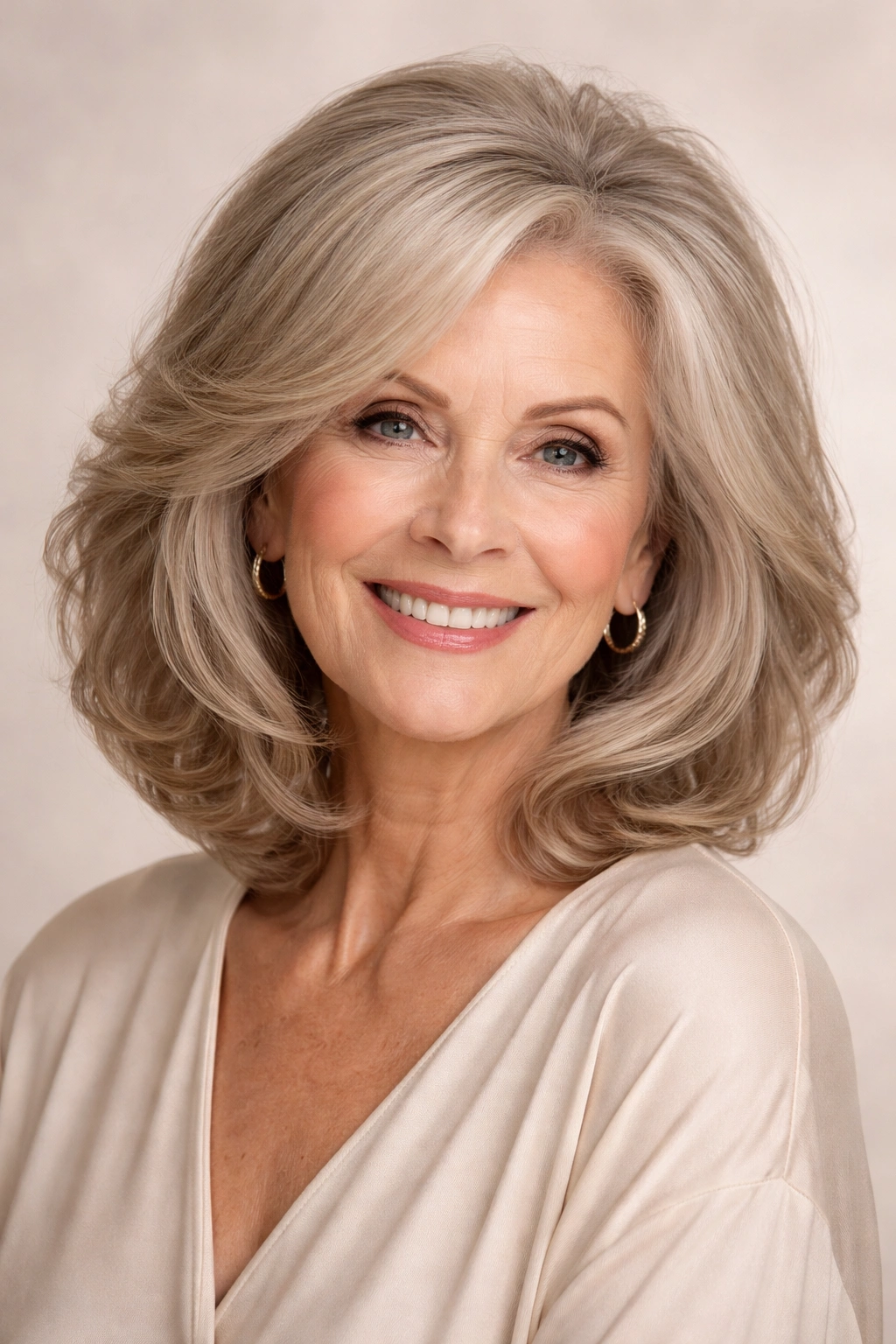 Voluminous lob hairstyle with crown lift on a mature woman