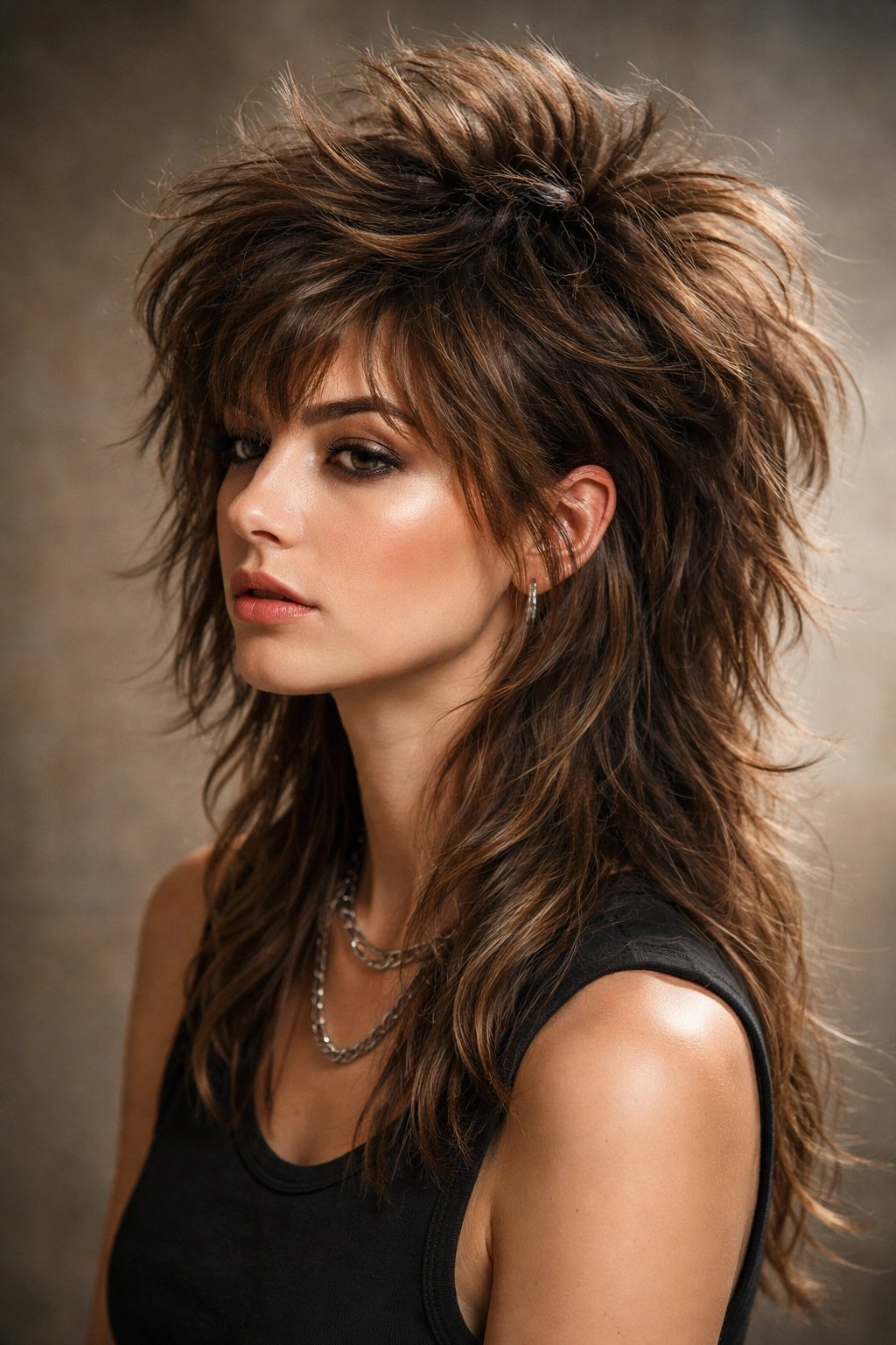 Three-quarter view of voluminous crown mullet shag with tousled texture