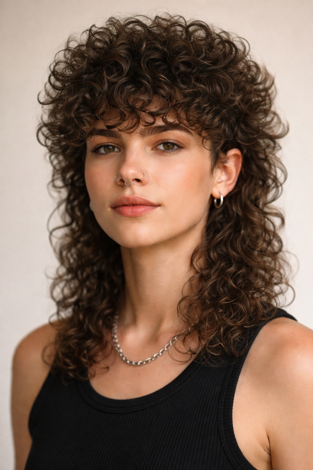 12 Curly Mullet Cuts With Serious Texture And Body 4 Head-on shot of voluminous perm mullet showing evenly curled texture.