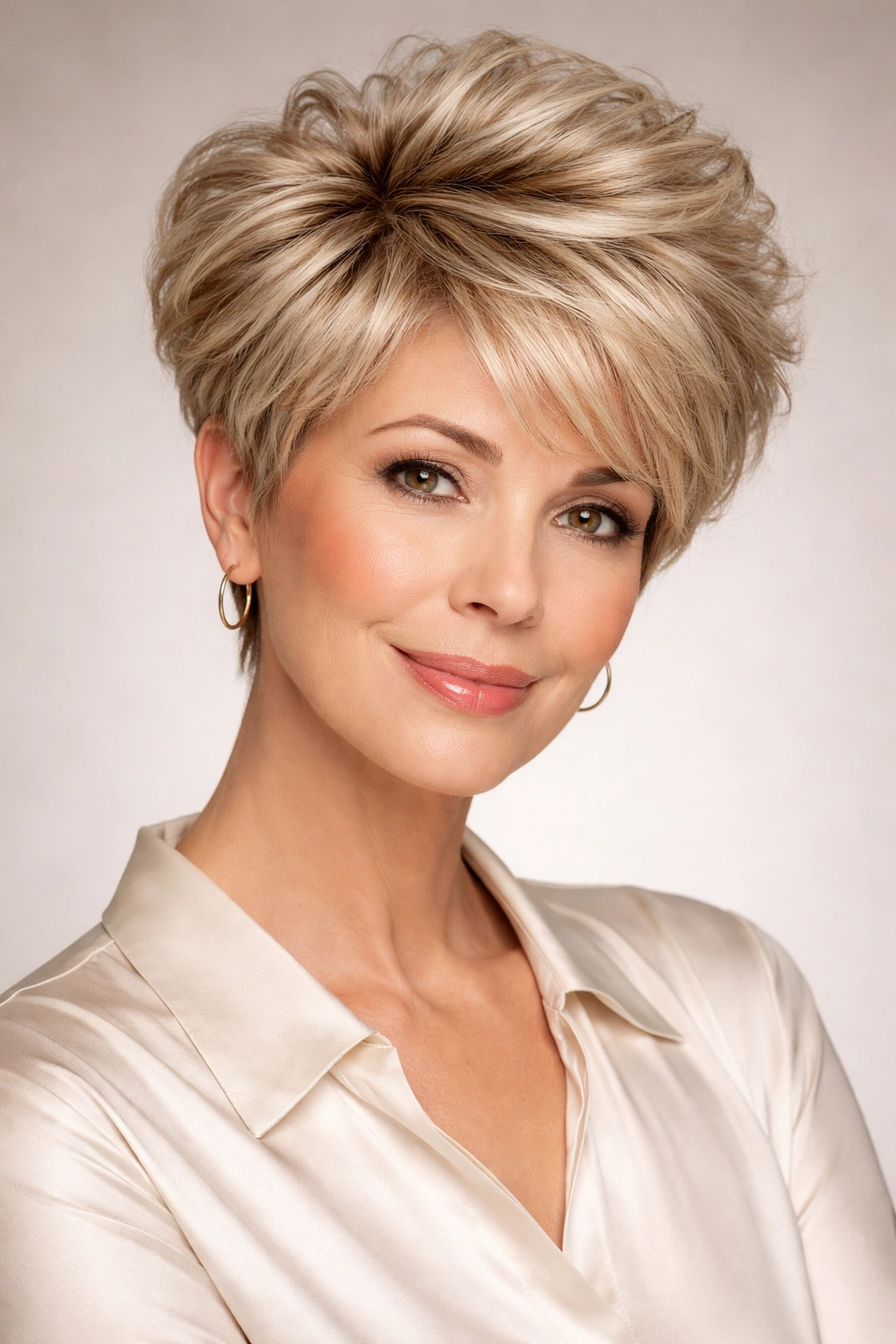 Woman with a voluminous pixie showcasing height and crown lift
