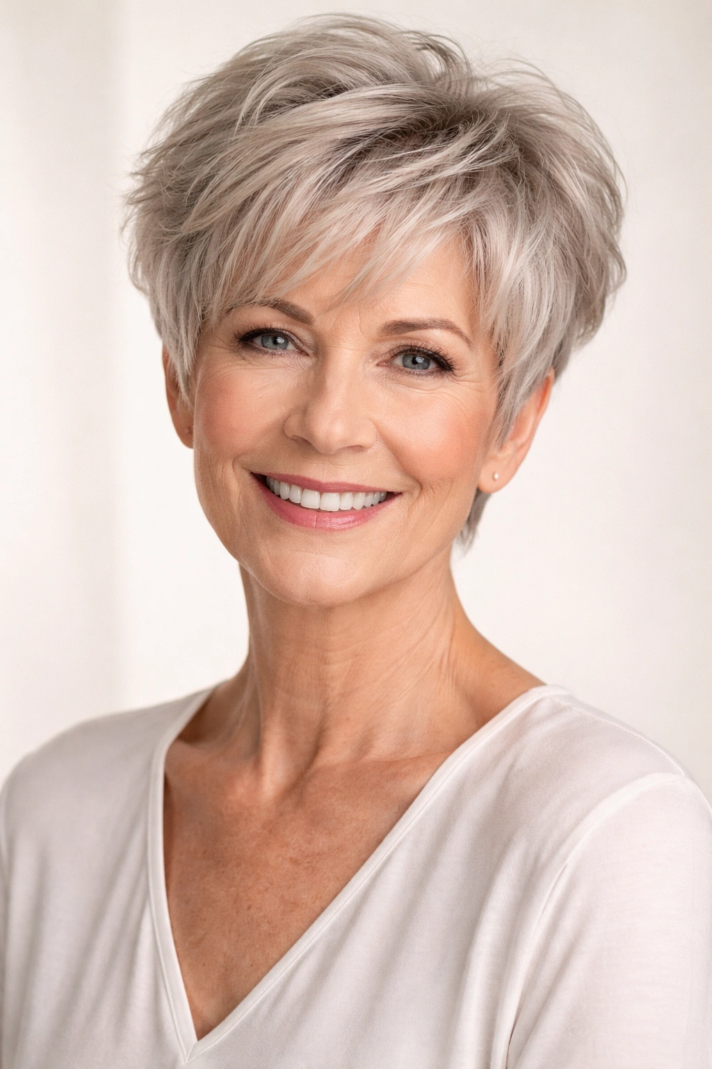 Close-up of a woman with a voluminous pixie haircut featuring lifted crown and tapered sides