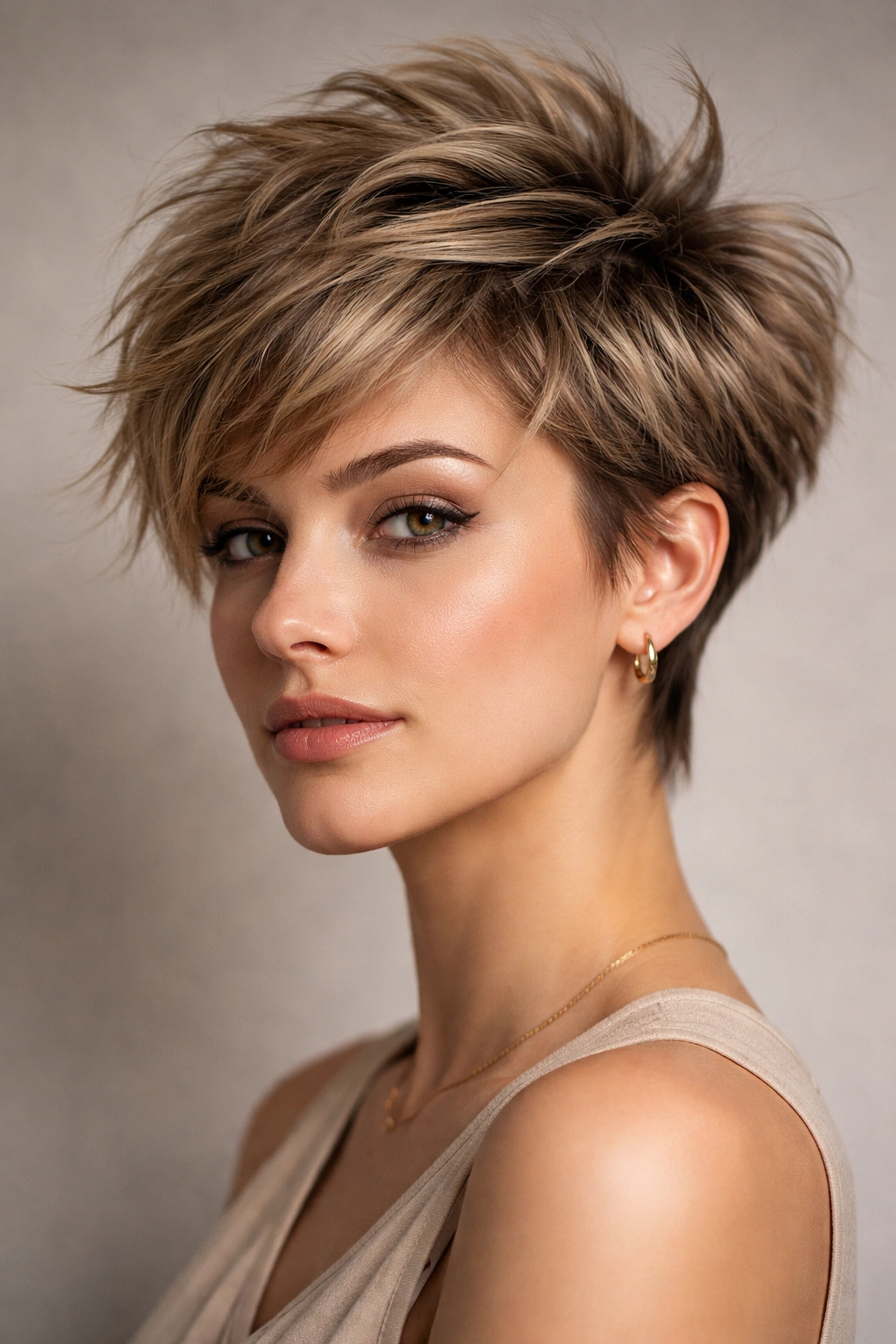 15 Versatile Long Pixie Cuts For Everyday Wear 13 Close-up portrait of a voluminous textured pixie cut with choppy layers and lifted crown.