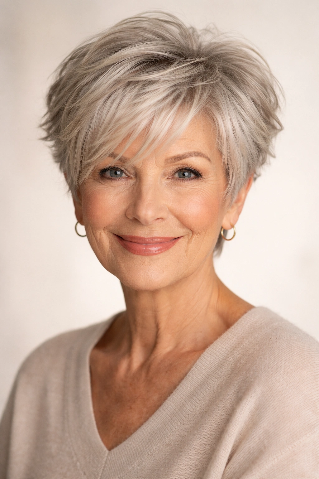 Voluminous pixie with textured front layers and soft bangs