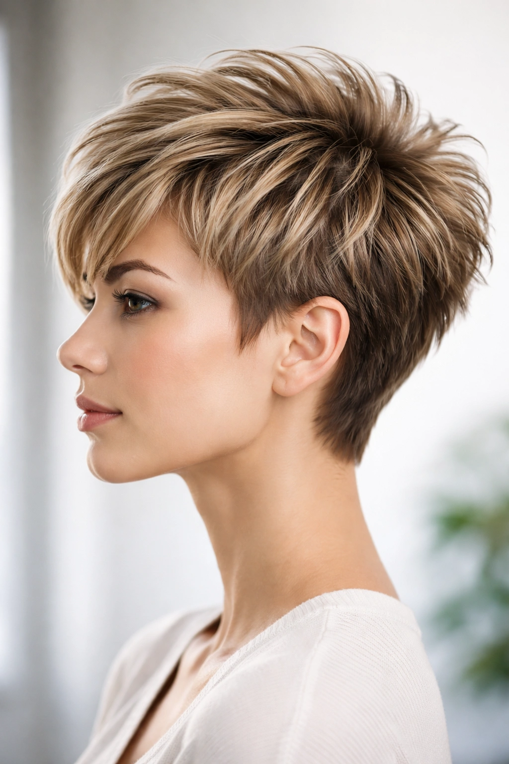 Voluminous pixie with vertical texture and lift on side profile