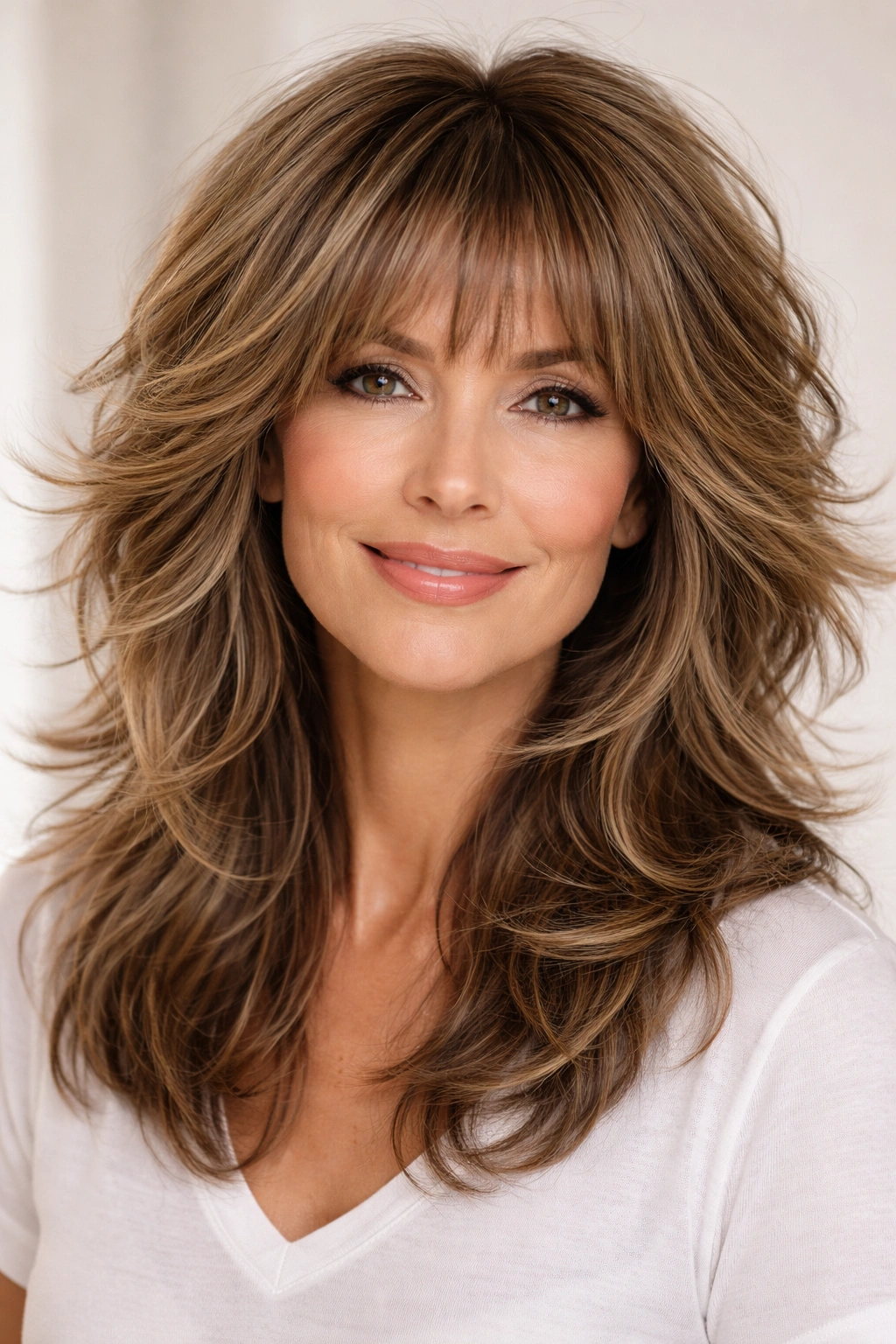 Textured voluminous shag hairstyle with layered lengths on thick hair.