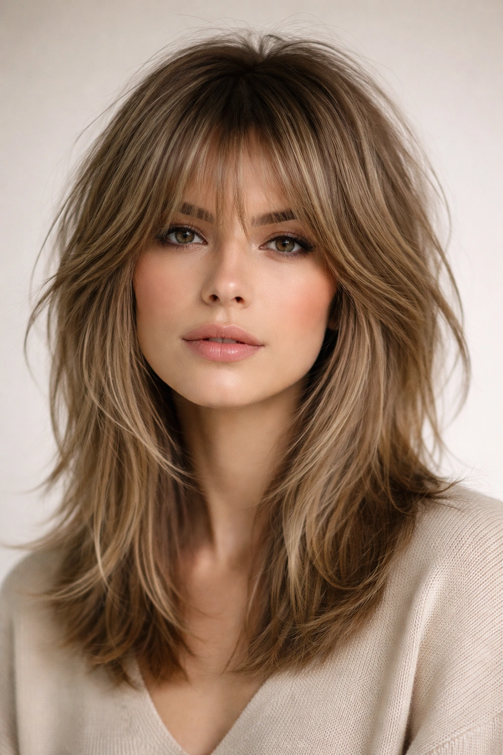 Voluminous shag hairstyle on straight hair with crown-height layers