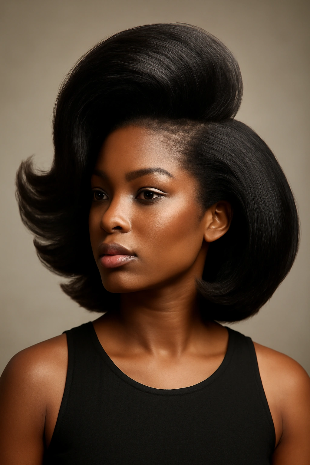 10 Flip Hairstyles Black Women Always Look Great In 8 Side view of a voluminous flip hairstyle with dramatic height and a one-sided silhouette