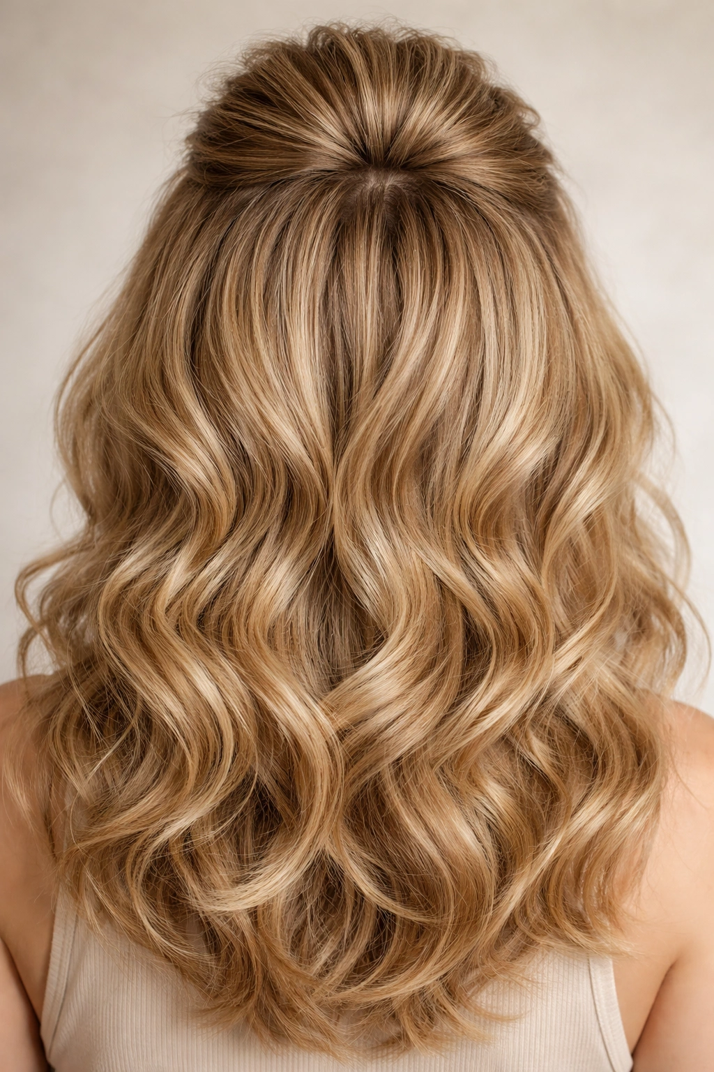 Close-up of teased crown and voluminous waves on fine hair