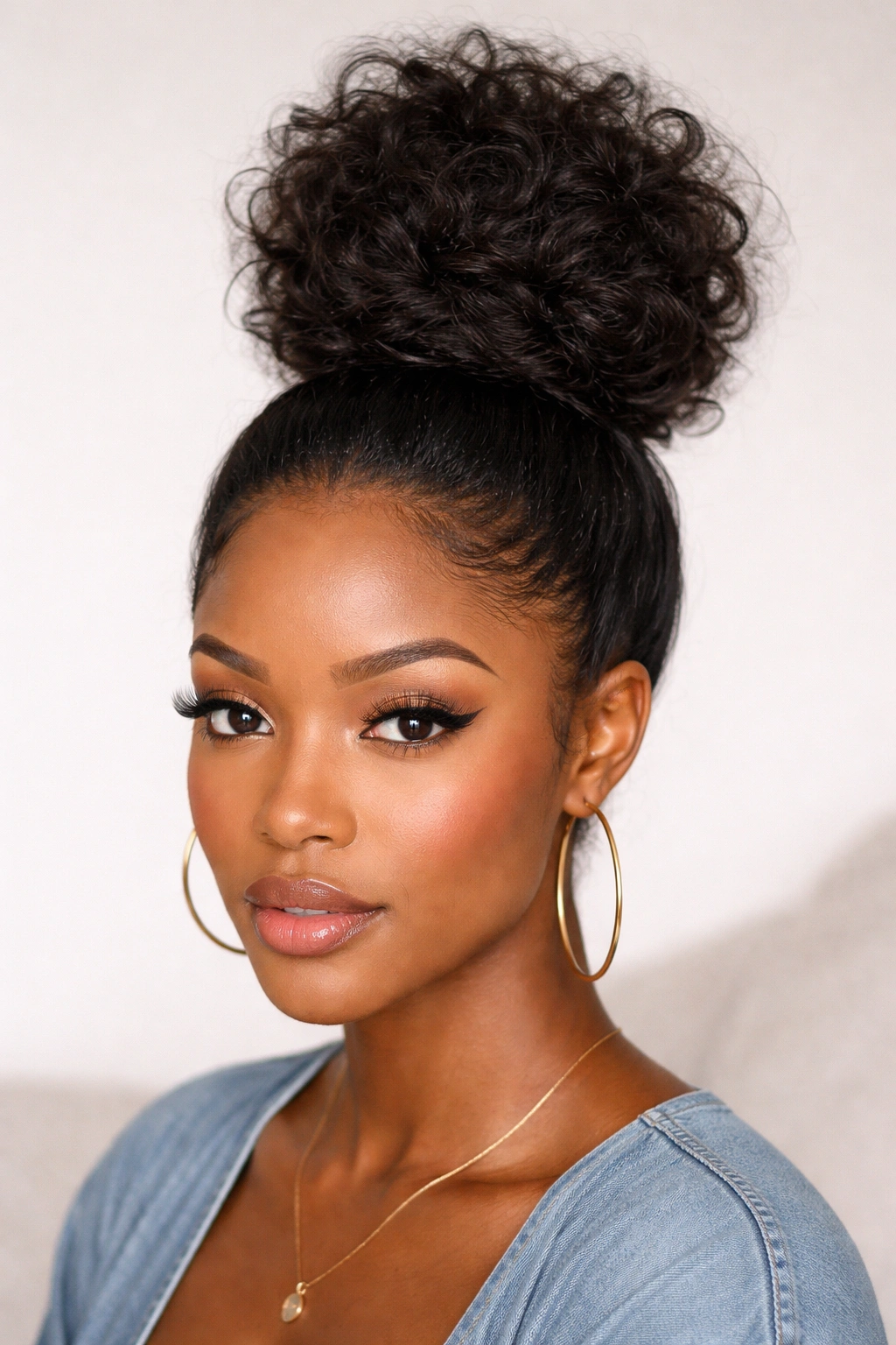 Model with a voluminous top knot showing height at the crown.