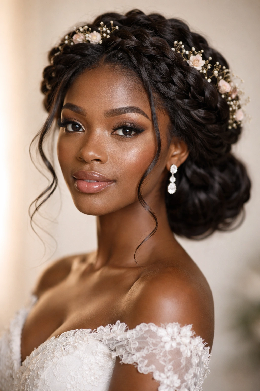 Voluminous twisted crown with decorative elements in bridal hairstyle