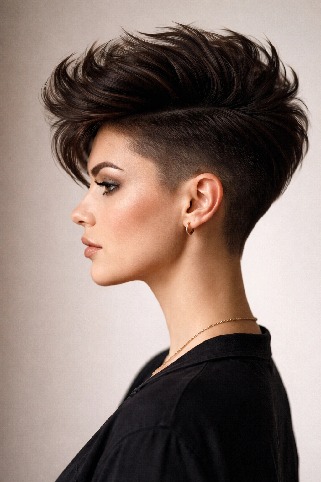 15 Pixie Styles Perfectly Suited To Round Faces 3 Profile shot of a pixie with an undercut and a voluminous top.
