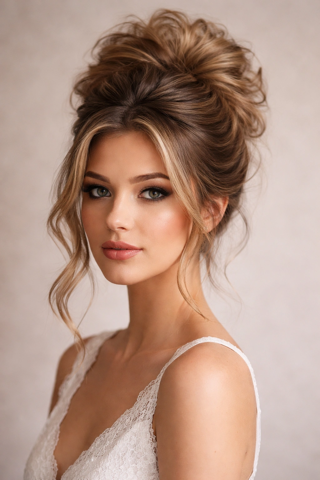 Voluminous updo with crown-height volume and soft face-framing pieces