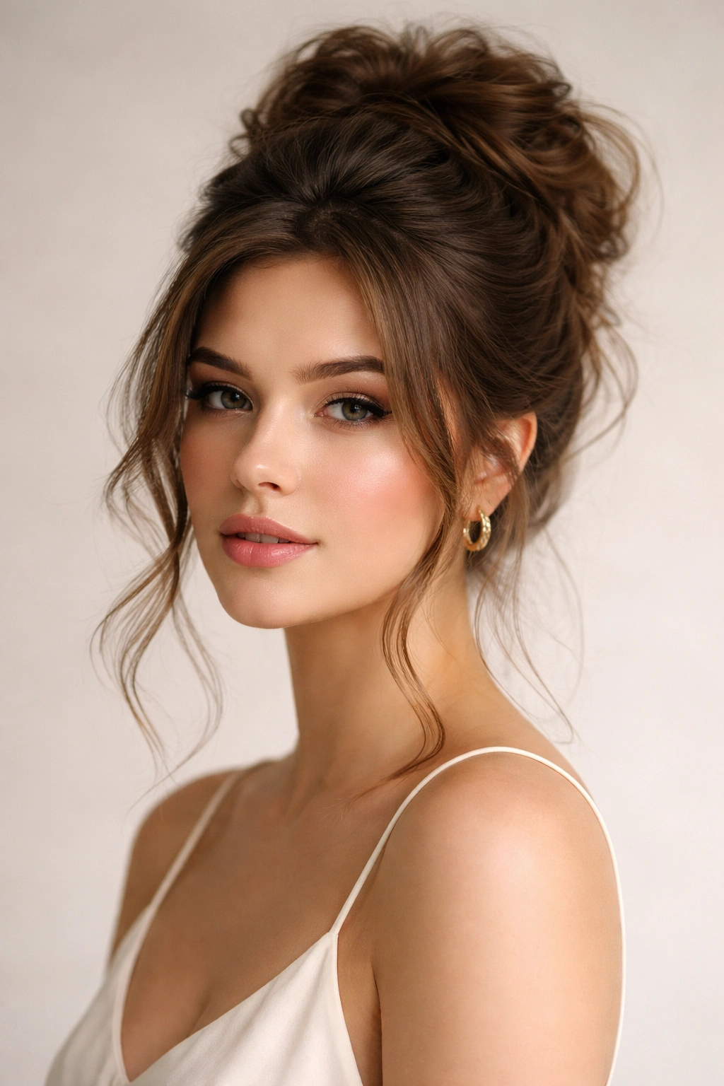 12 Hairstyles Perfectly Suited To A Round Face 10 Portrait of a person with voluminous updo and soft face-framing pieces
