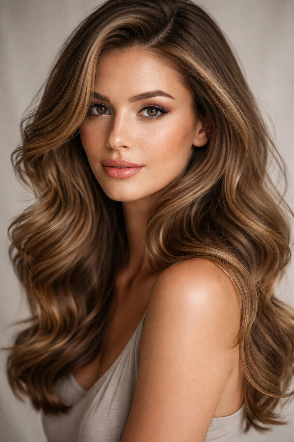 15 Hairstyles That Beautifully Flatter Long Faces 7 Close-up of a model with voluminous loose waves and a deep side part framing the cheekbones