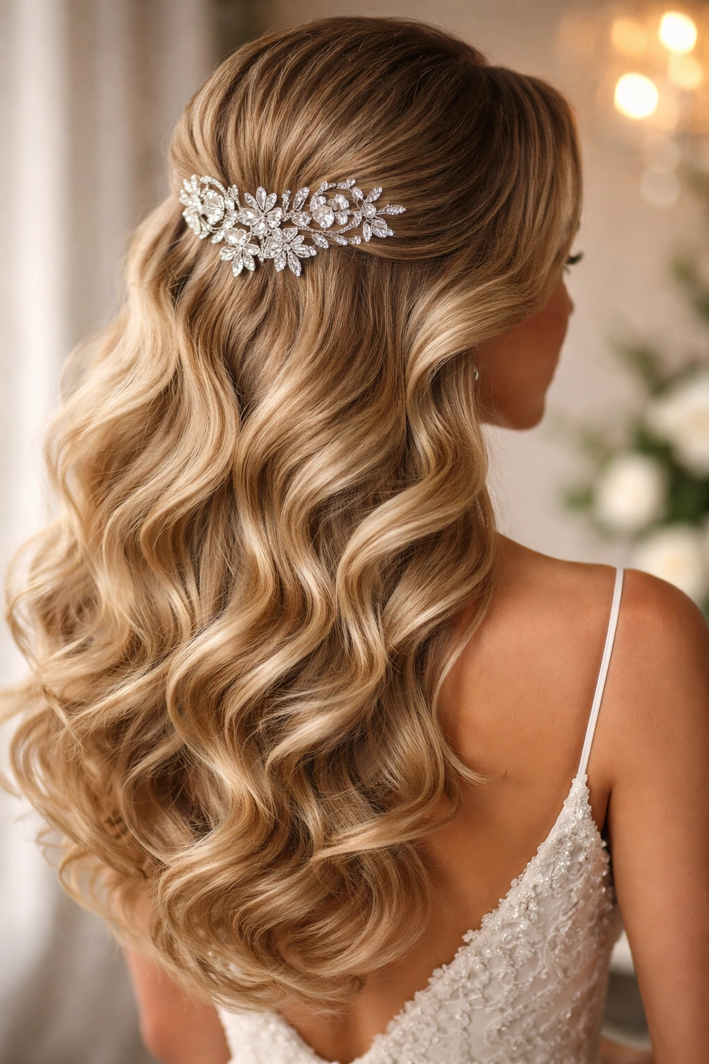 All-over voluminous waves with a diamond hairpiece at the back crown