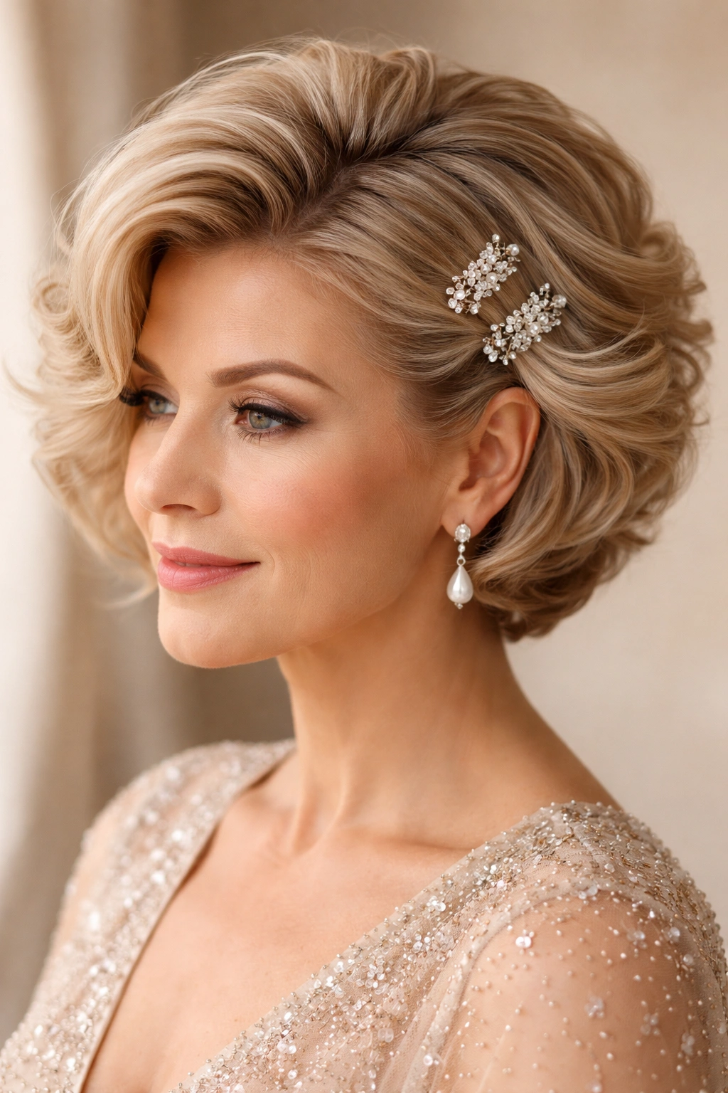 Voluminous short waves with decorative clips framing the face