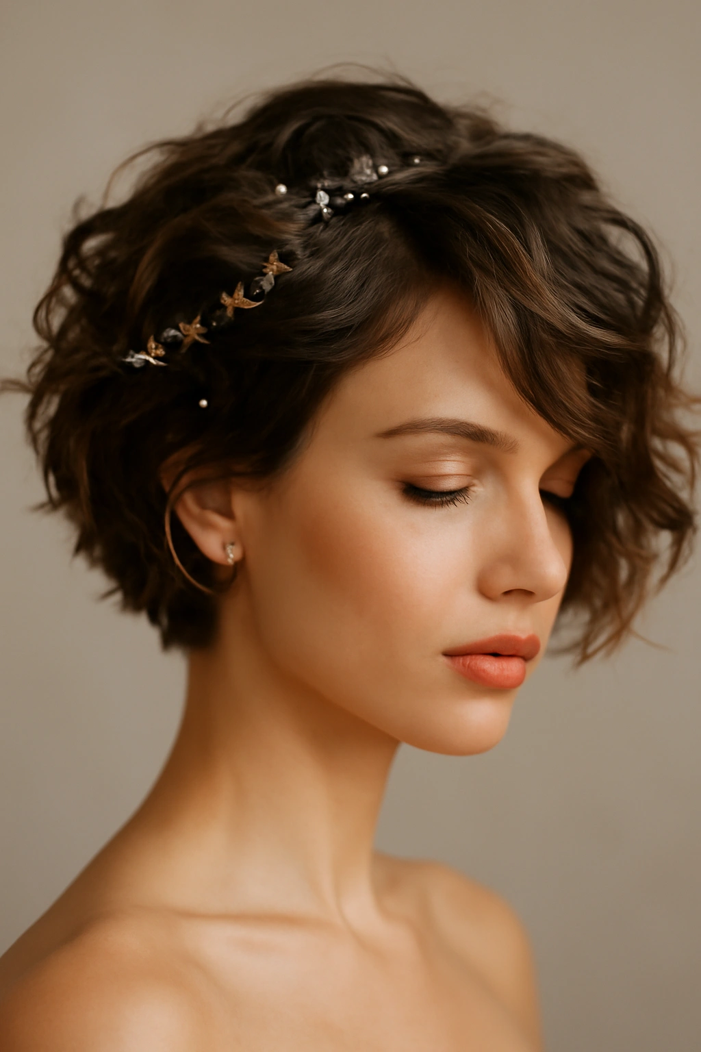 10 Birthday-Ready Hairstyles for Women With Short Hair 7 Close-up of short hair with voluminous waves and hair jewelry
