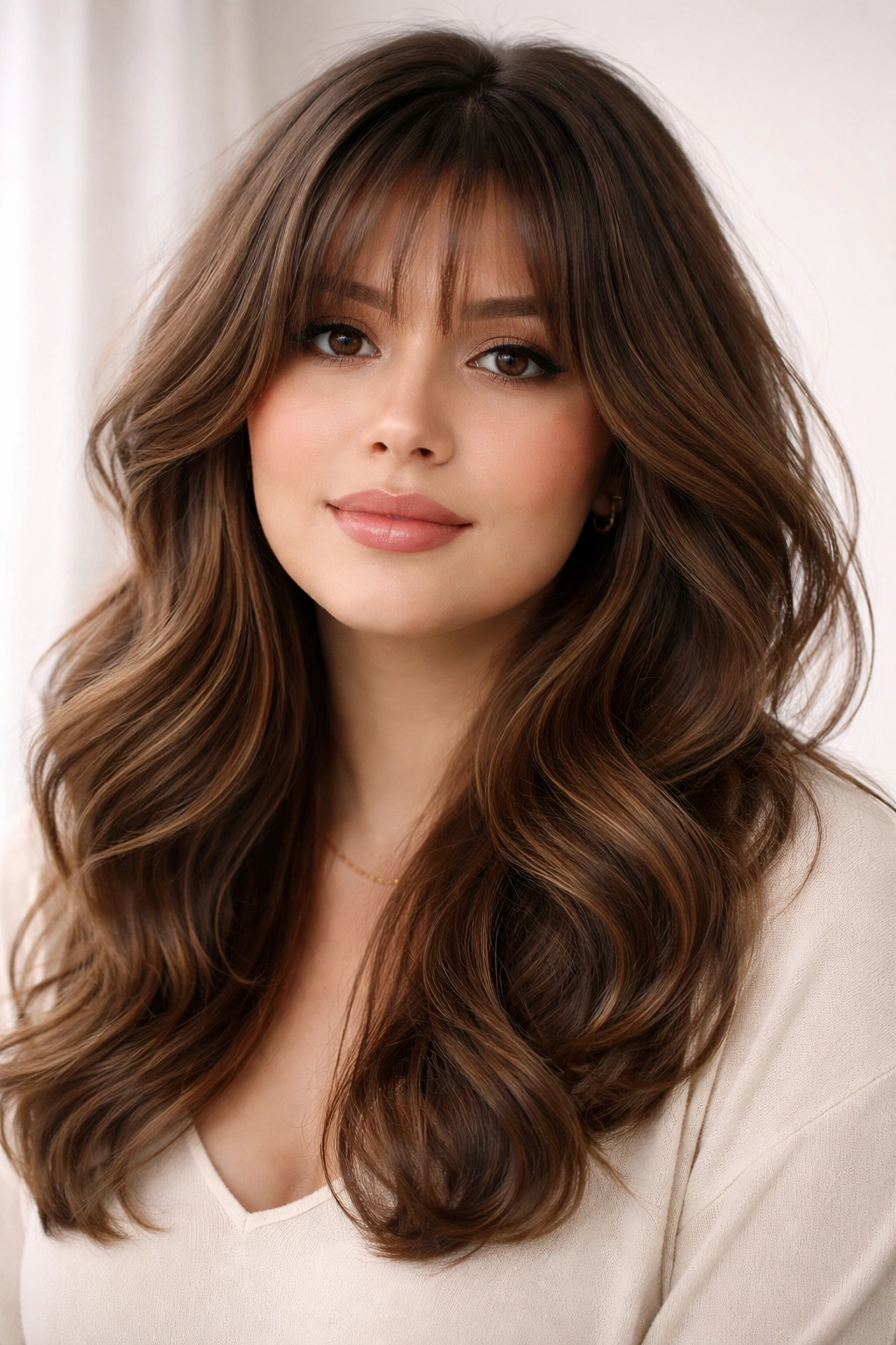 Voluminous waves with wispy bangs framing a face in studio lighting