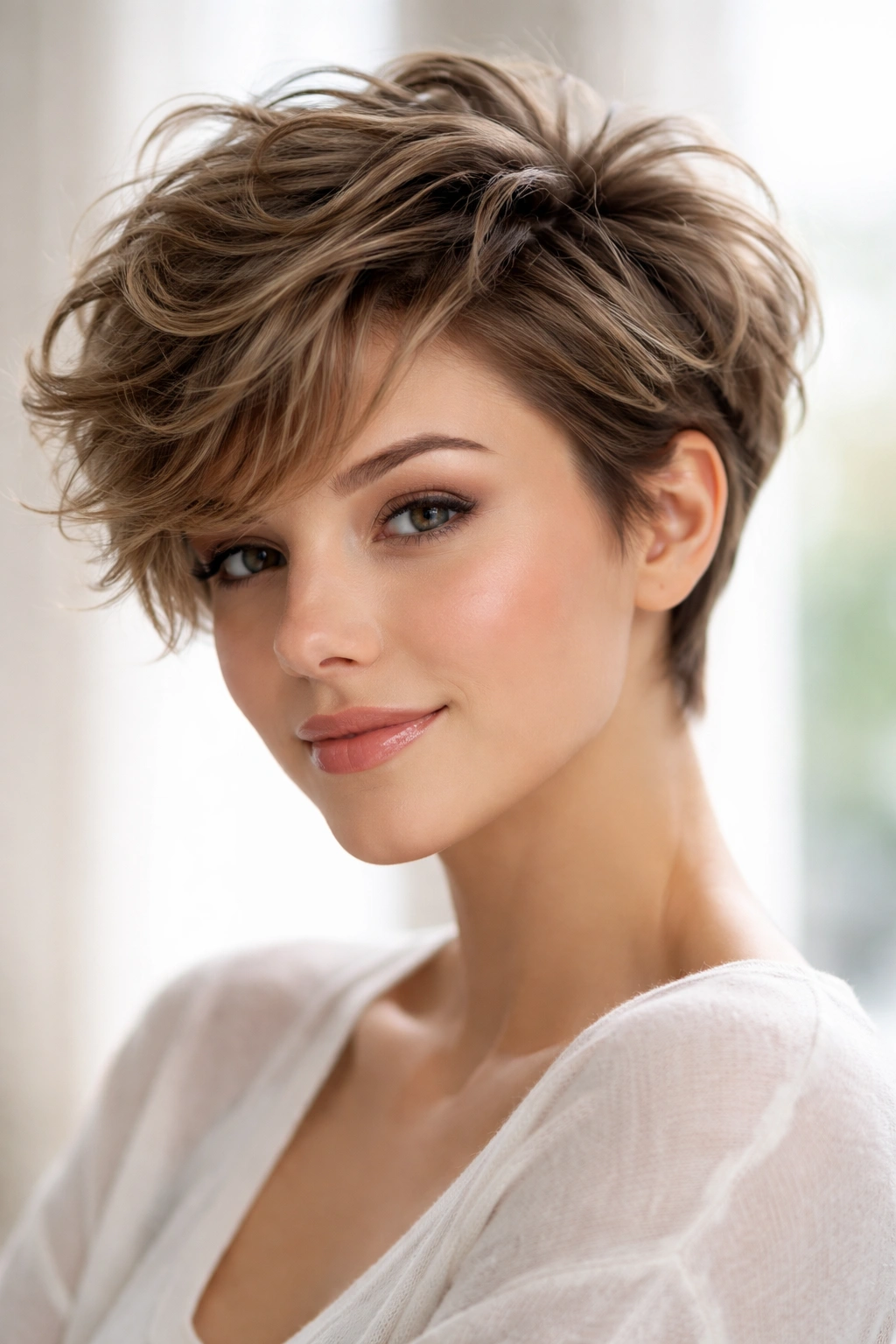 15 Pixie Styles Perfectly Suited To Round Faces 15 Model with voluminous wavy pixie showing lifted crown and defined waves