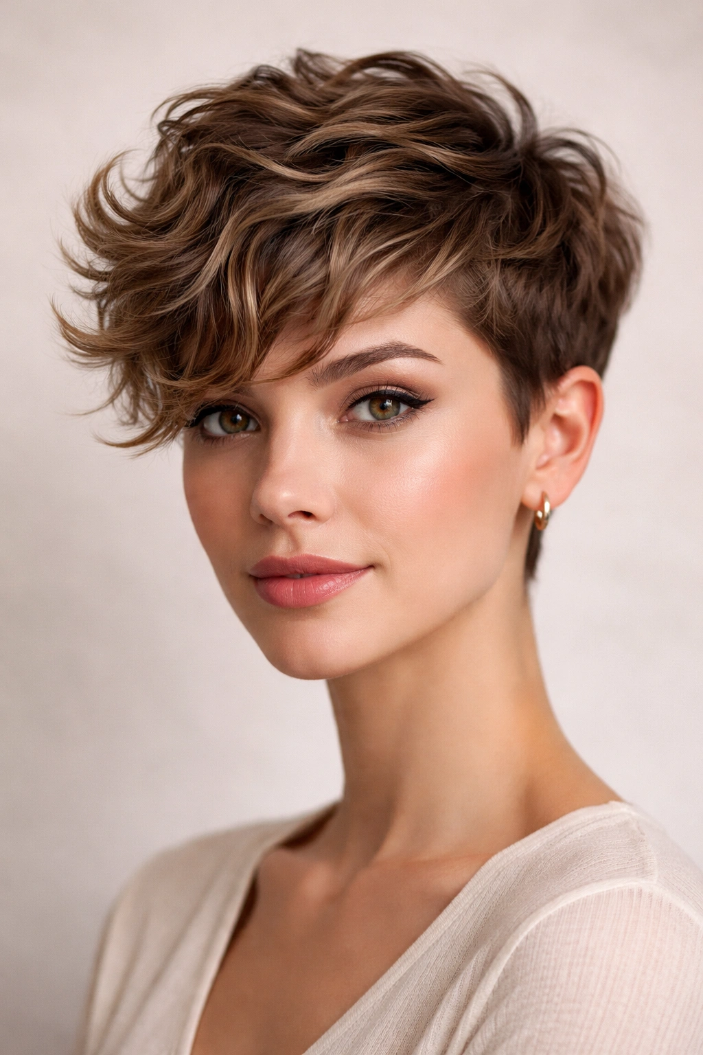 Close-up of voluminous wavy pixie hairstyle with a long top and cropped sides.