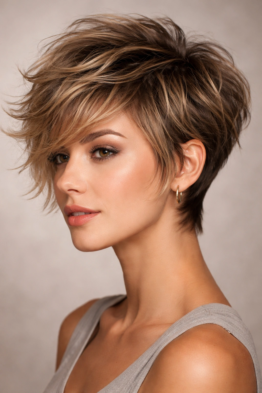 Close-up portrait of a person with volumized pixie featuring choppy layers and pronounced waves