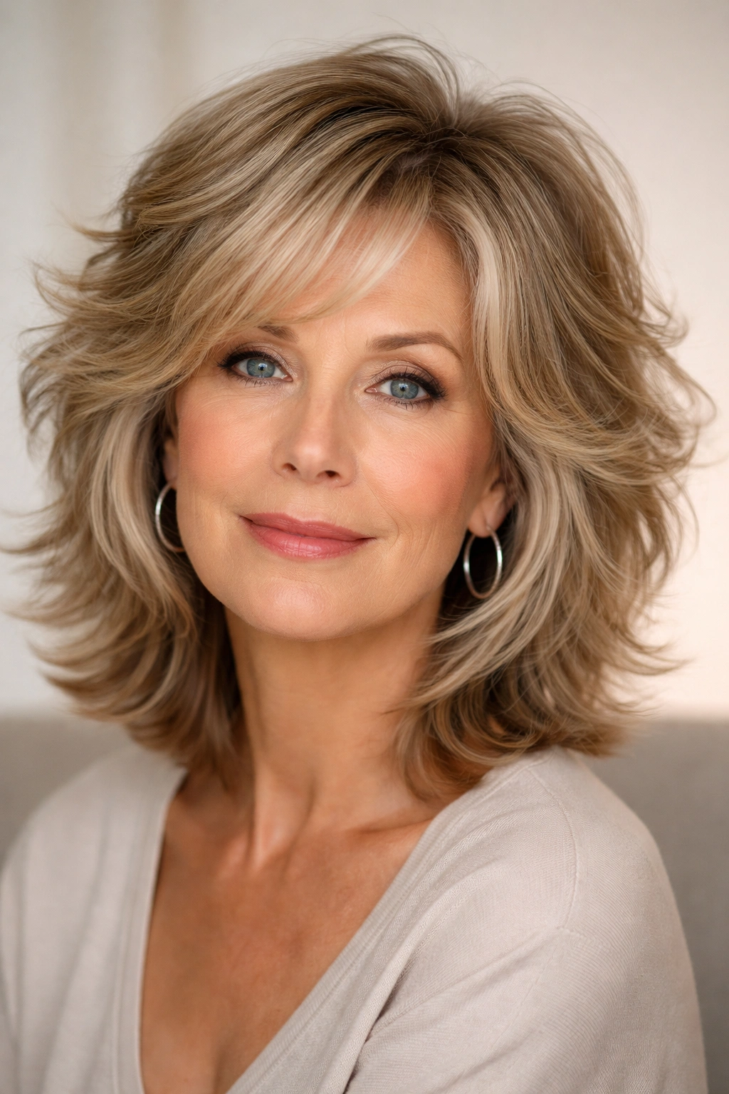20 Haircuts For Women Over 60 By Face Shape 12 Volumized shag hairstyle with shorter layers around the face on a diamond-faced model
