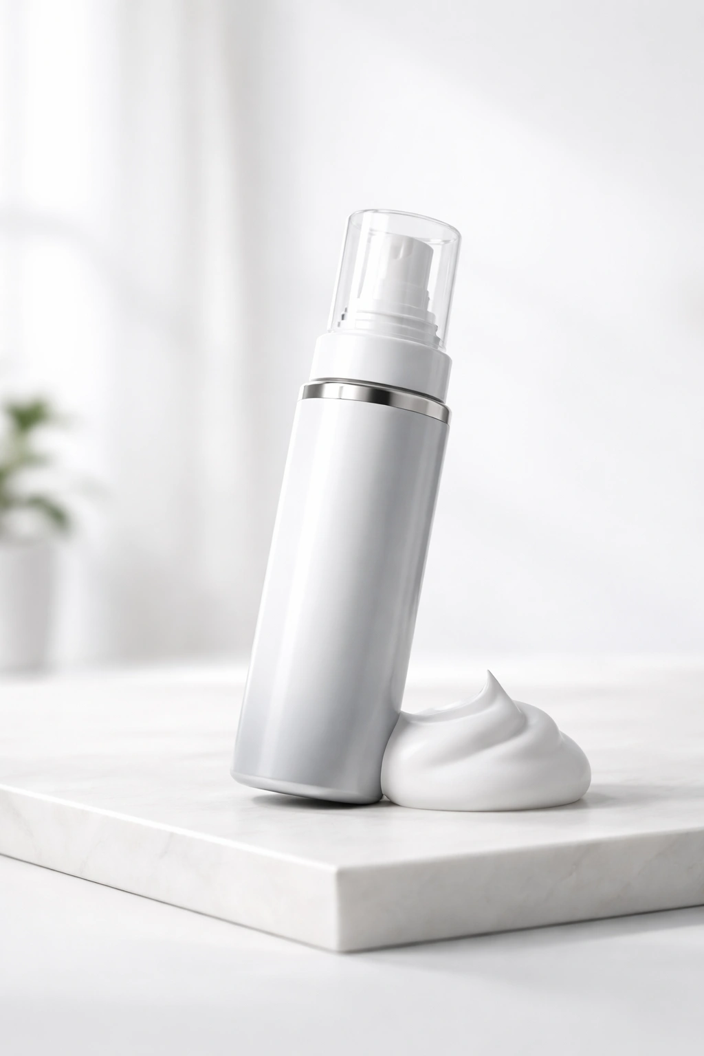Close-up of volumizing mousse bottle against plain background