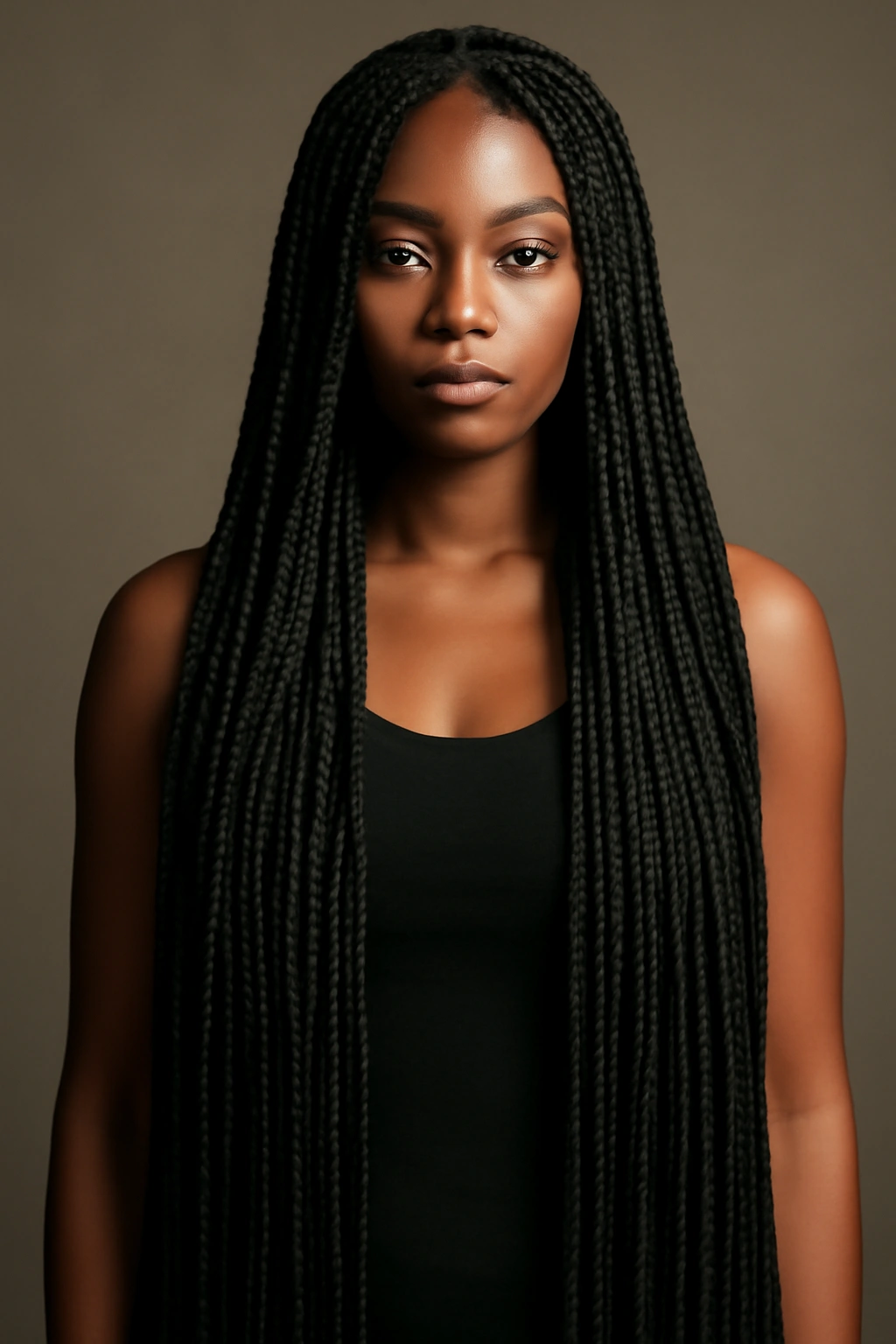 Portrait of waist-length box braids cascading down with dramatic length