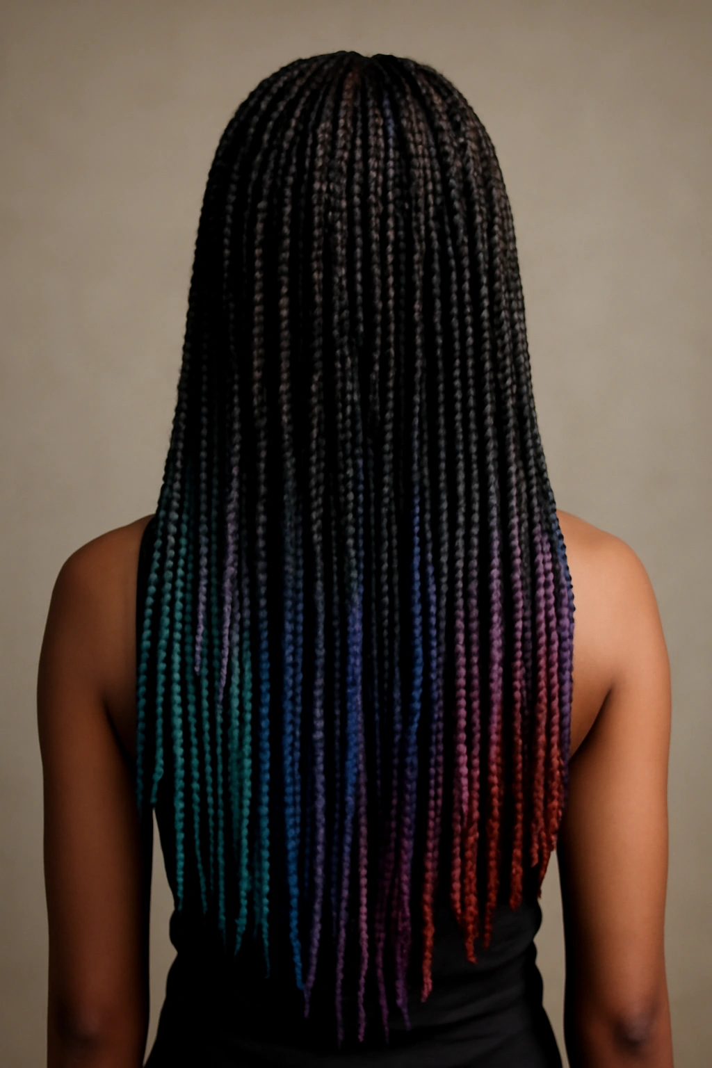 Waist-length braids with jewel-tone colored tips.