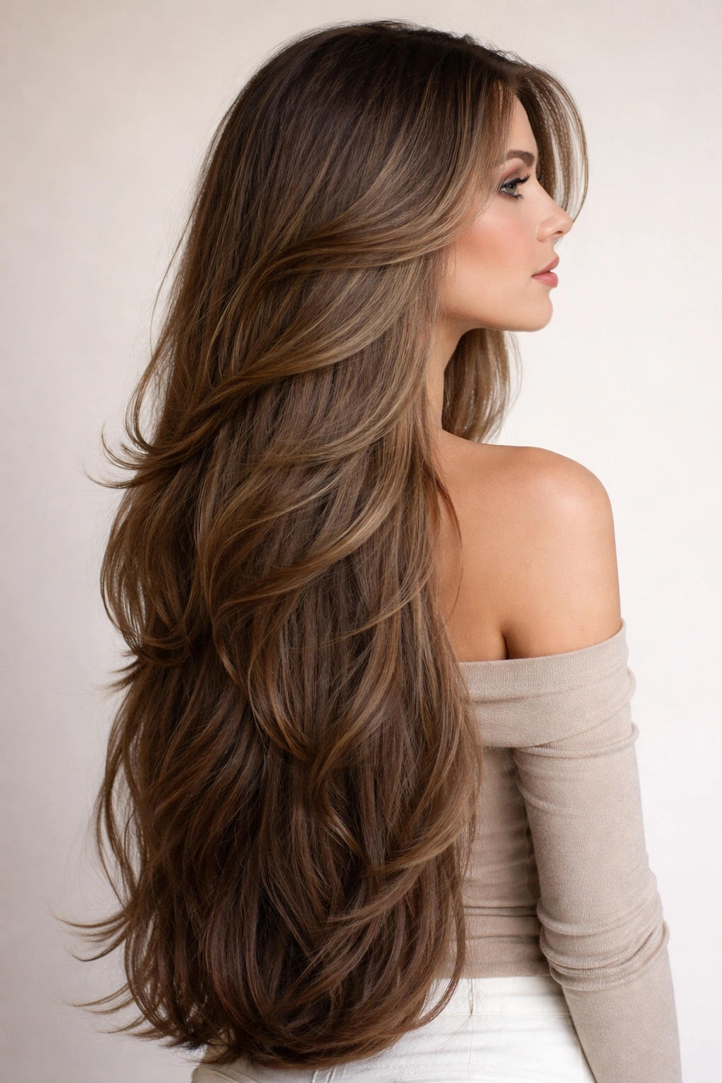 Waist-length butterfly haircut with soft layers preserving length