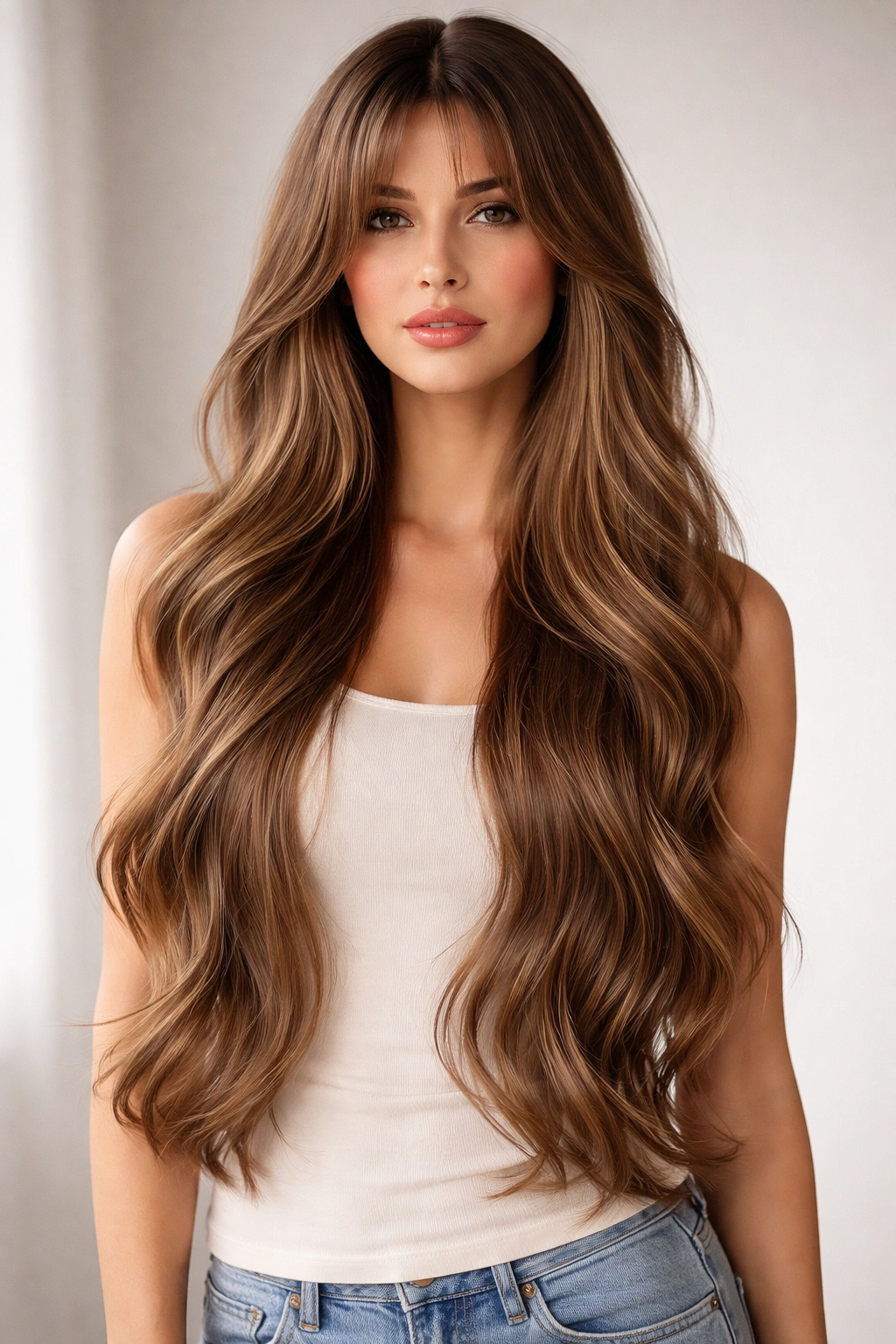 Waist-length hair with curtain bangs framing the face