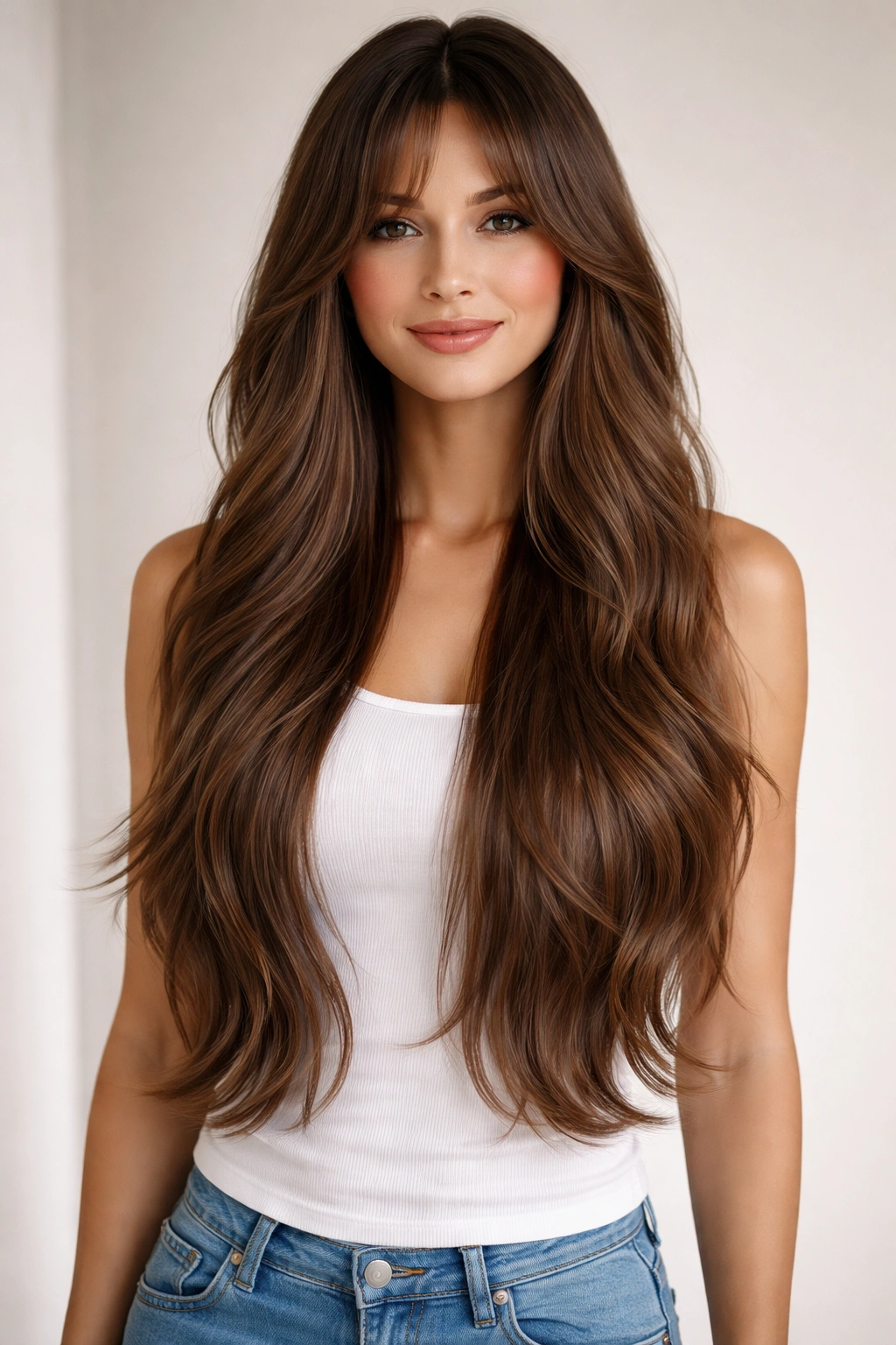 Portrait of a woman with waist-length layered hair and curtain bangs, hair reaching the waist, neutral studio backdrop.