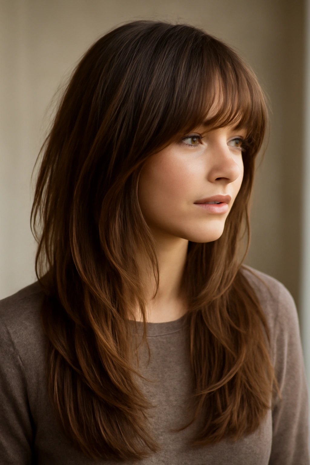 25 Medium Haircuts You’ll Want to Try Immediately 4 Waist-length layered hair with long bangs framing the face