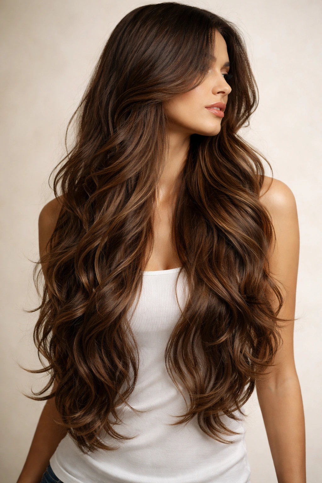 Naturally Wavy Hair 18 Haircuts That Work With It 7 Waist-length wavy hair with flowing drapey layers in studio portrait