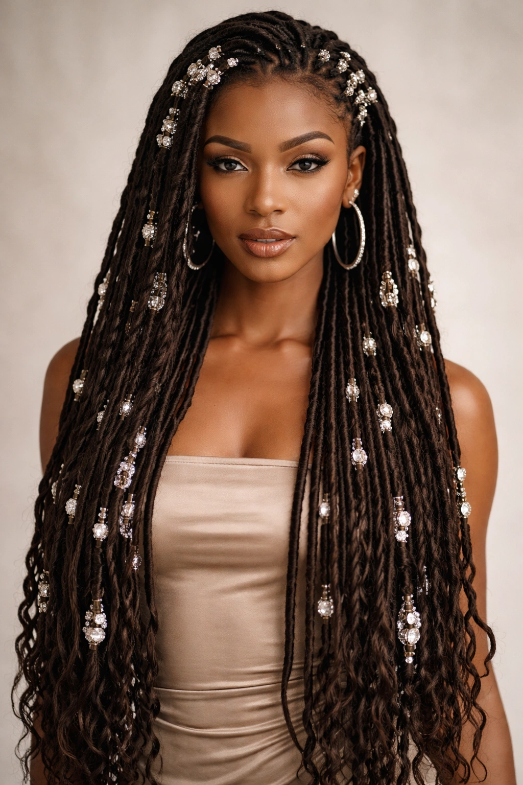 Waist-length locs with silver cuffs and beads highlighting crown and length