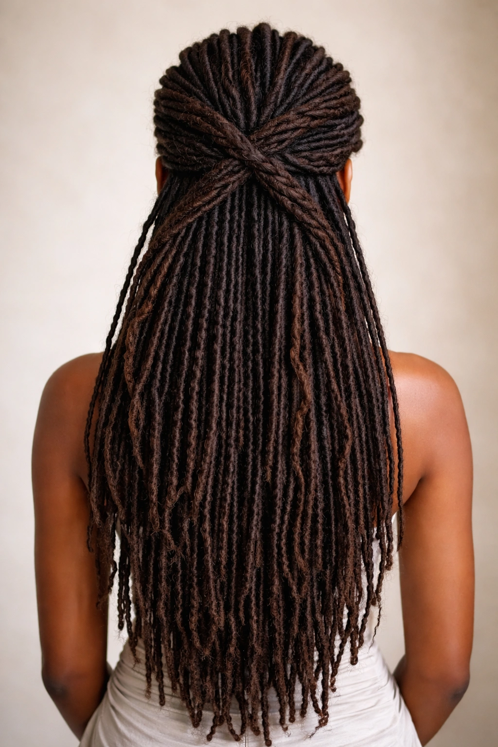 Waist-length locs half-up with twisted side sections forming an X