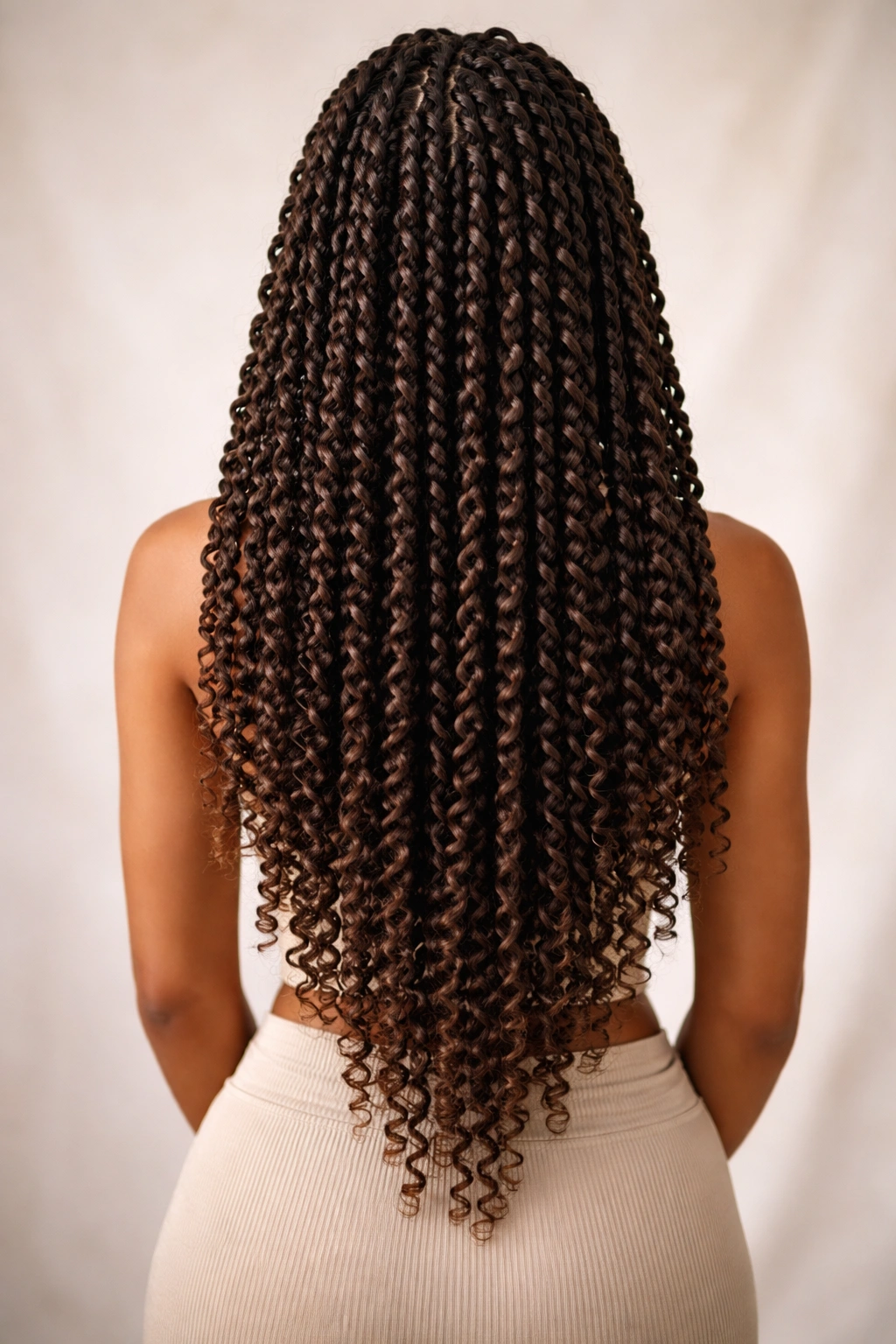 Back view of waist-length passion twists cascading down the back