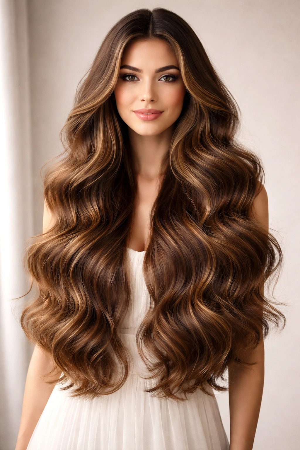Waist-length hair with voluminous waves creating a rounded silhouette