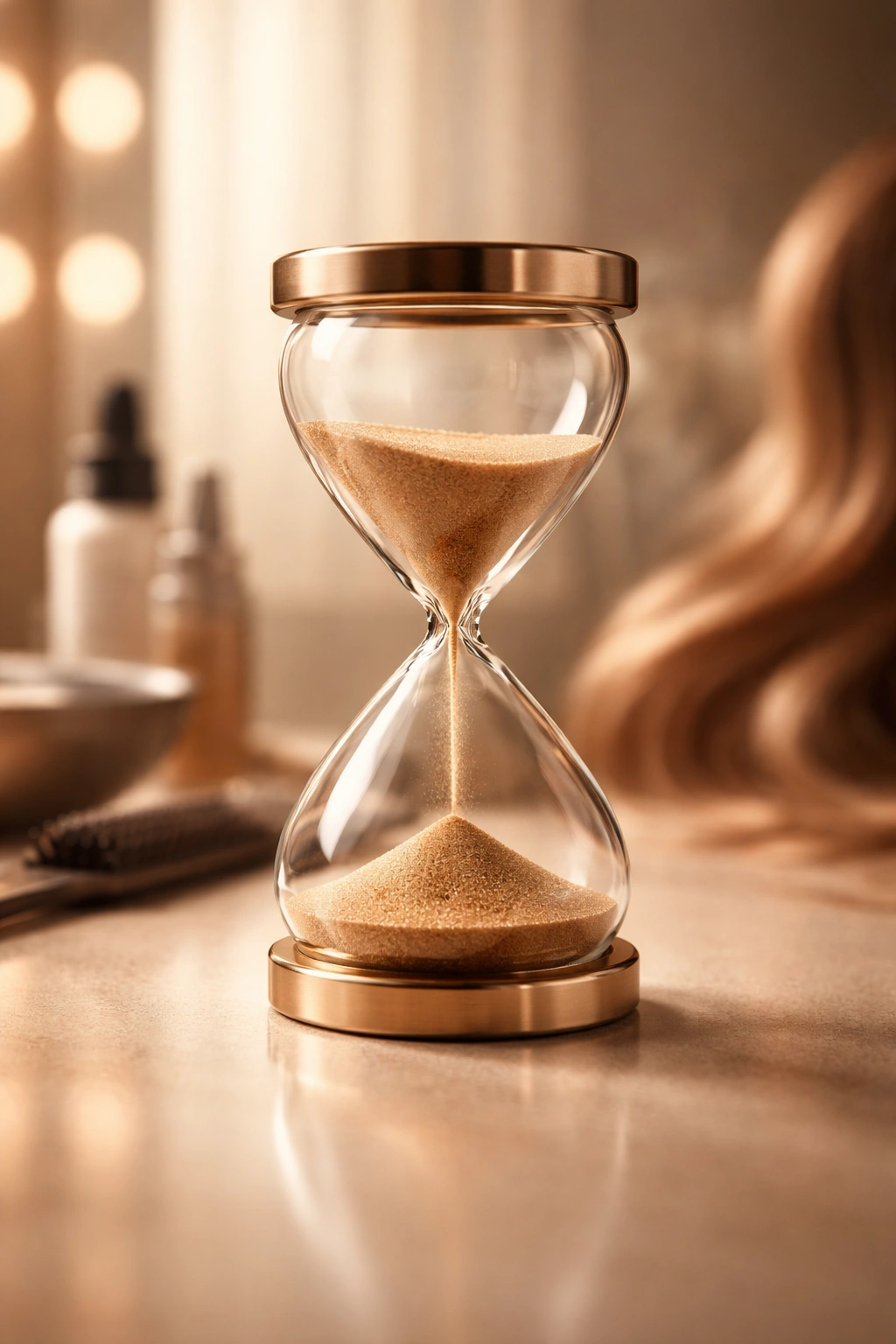 Hourglass representing waiting period between dye jobs in warm lighting