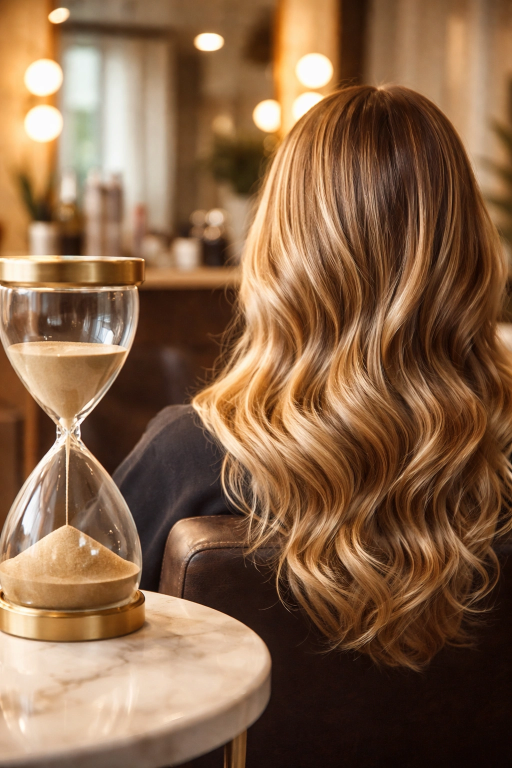 Hair waiting period concept with hourglass near salon chair