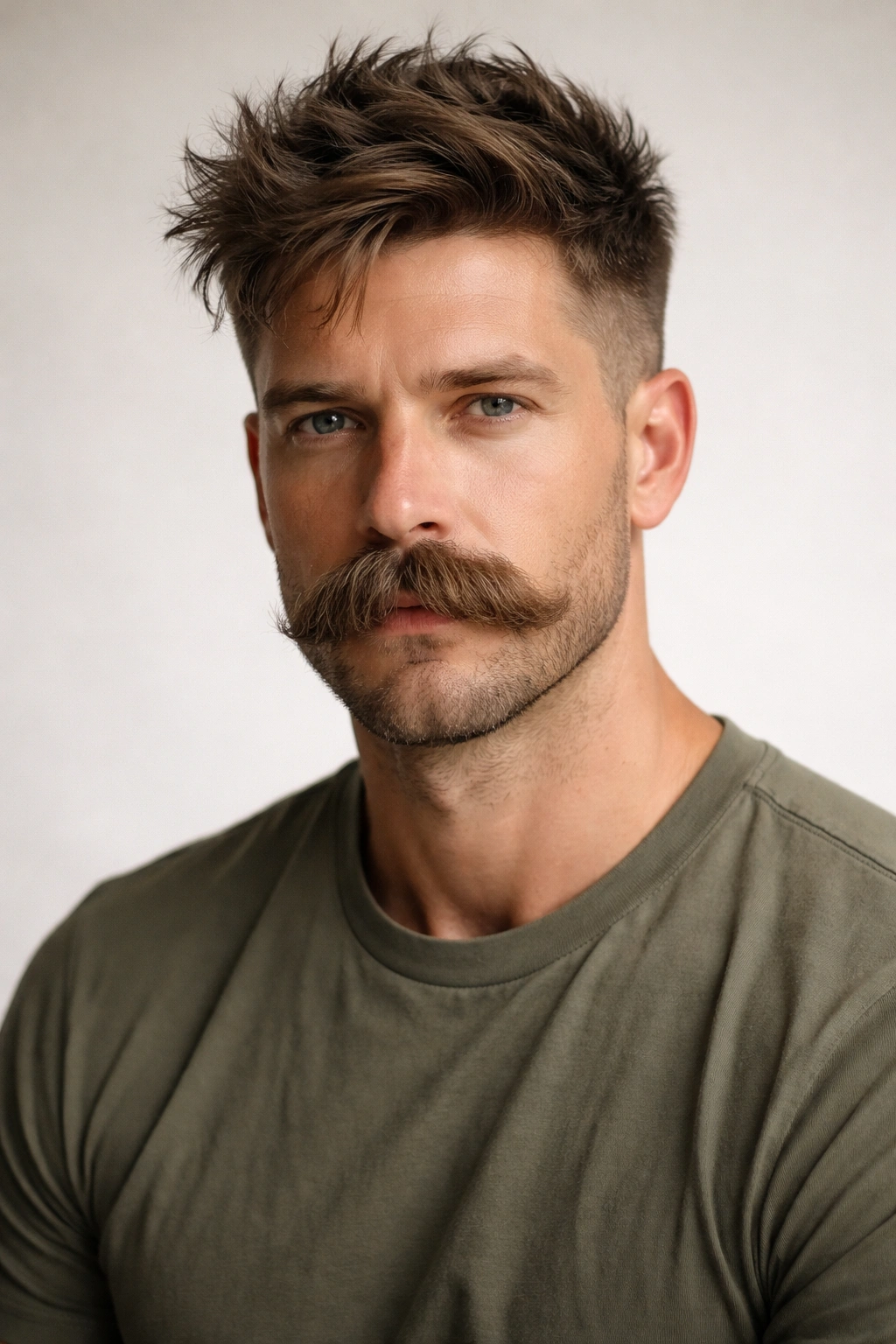 Portrait of a person with faded sides, messy textured top, and a walrus mustache.