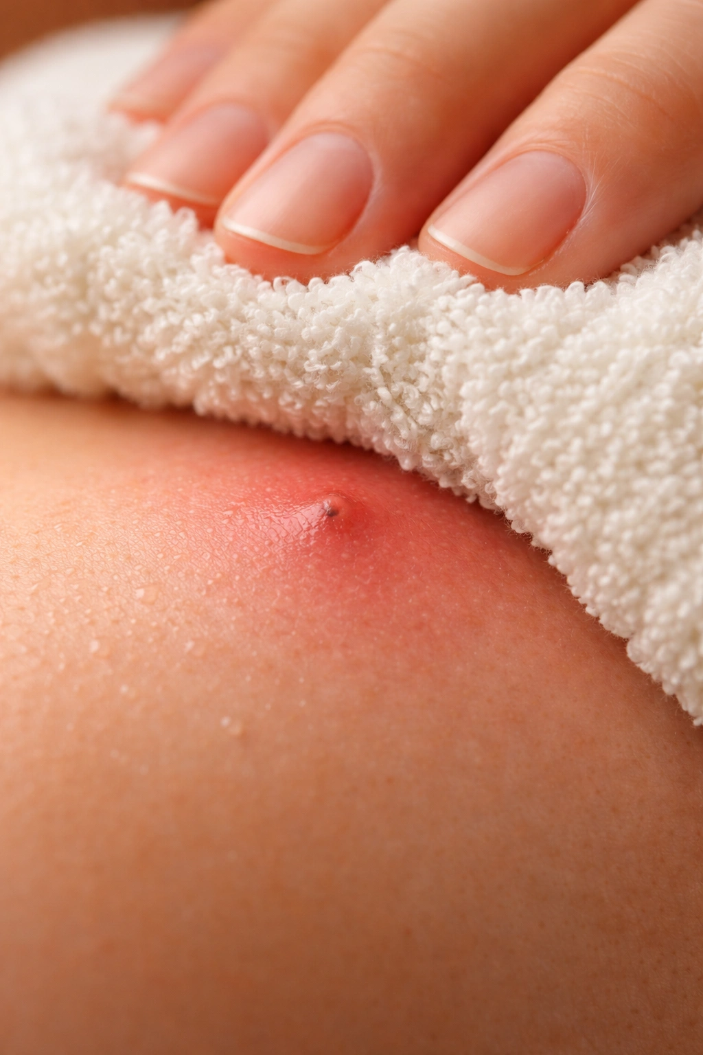 Close-up of a warm washcloth on inflamed skin used for home treatment.