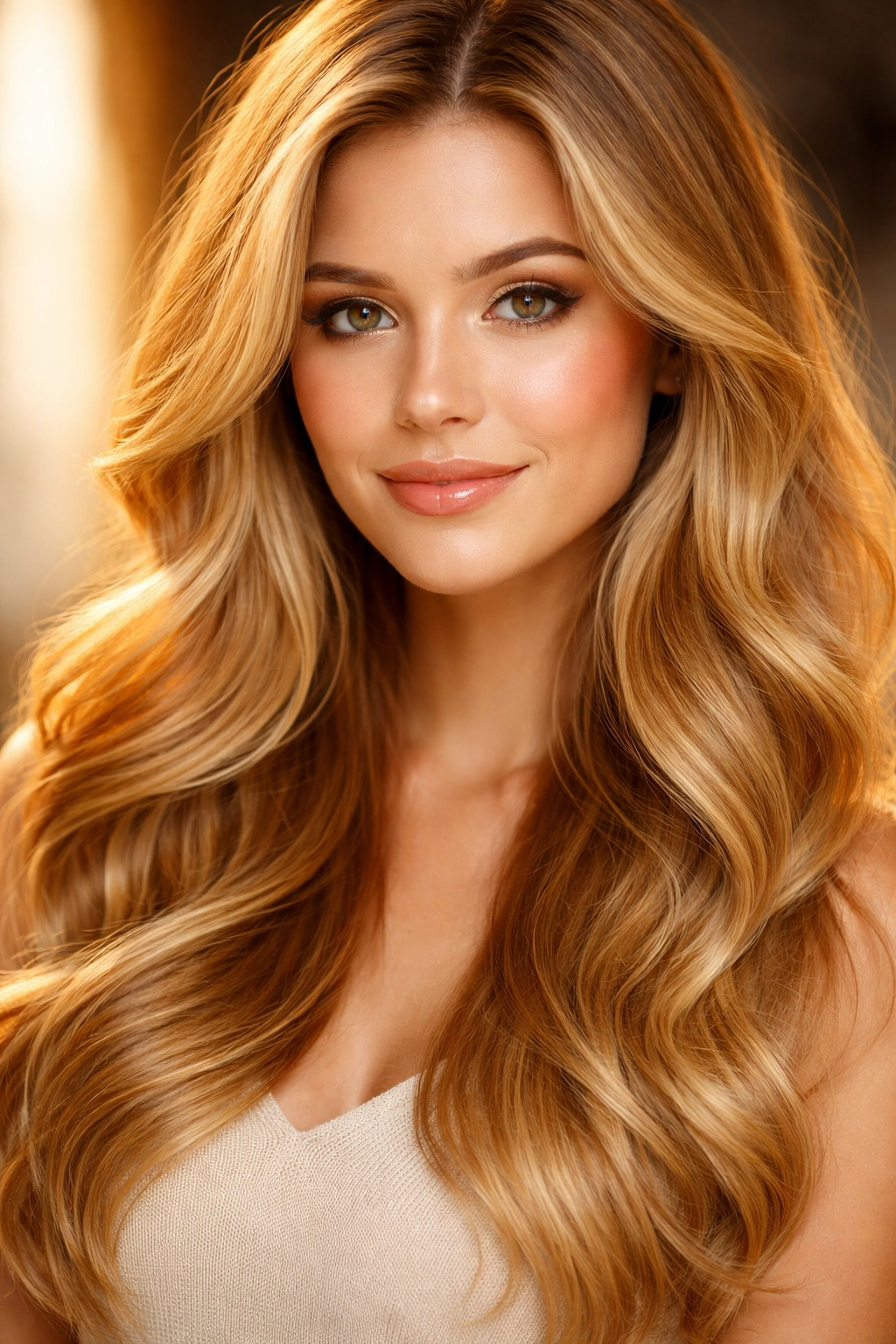 Portrait of a person with golden blonde hair under warm studio lighting