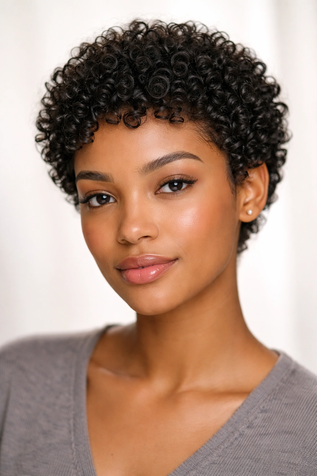 Portrait of a person with a soft-sculpted wash-and-go curly cut