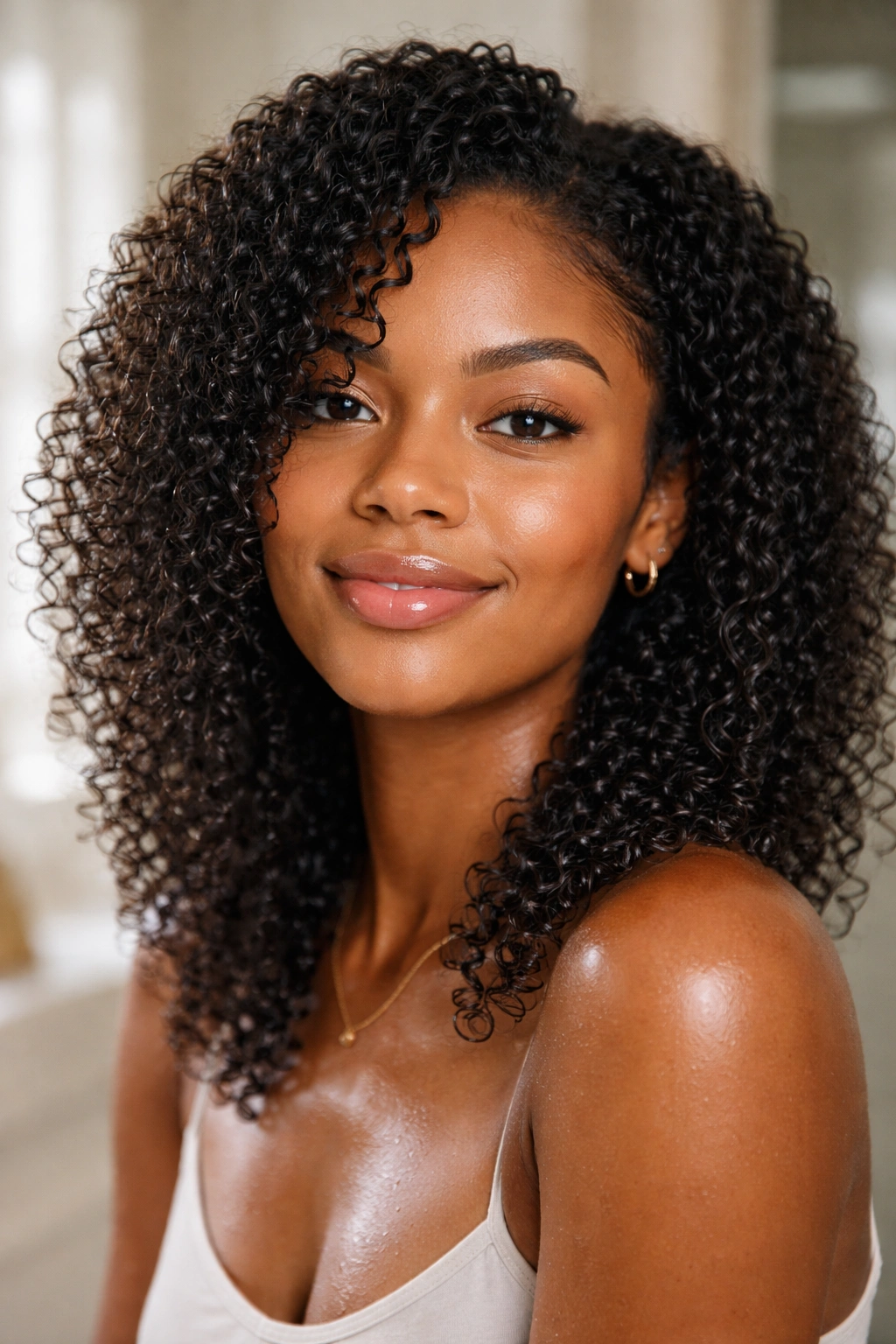 25 Natural Hairstyles For Coily And Curly Textures 1 Close-up of damp, defined wash-and-go curls.