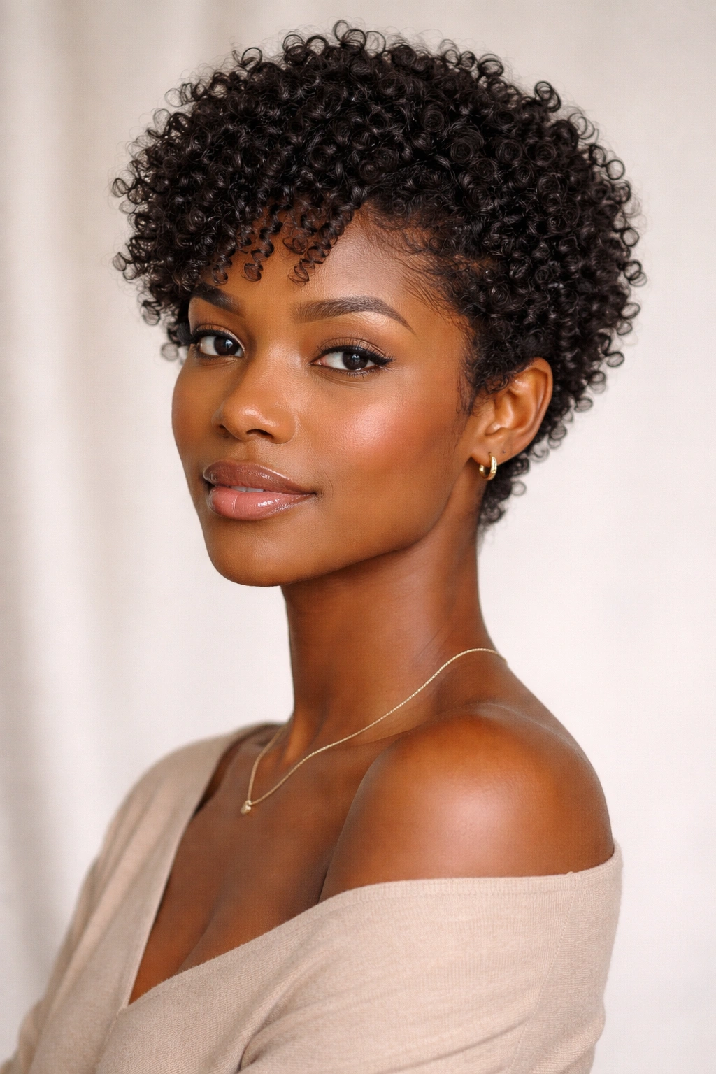 Close-up portrait of a Black woman with a wash-and-go precision cut and defined curls.