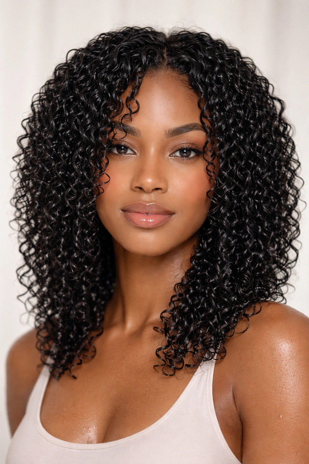 Close-up of soaking-wet curls forming defined clumps in a wash-and-go hairstyle